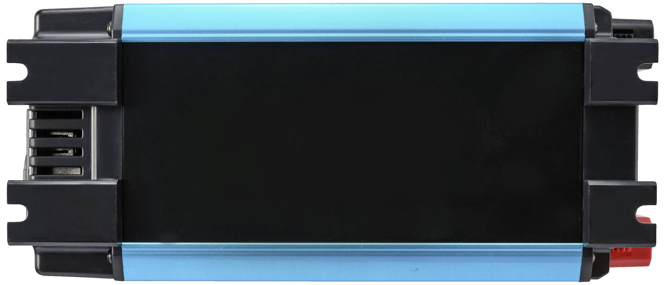 Zwart-blauw elektronisch apparaat met ventilatiesleuven en aansluitklemmen. Vermoedelijk een omvormer of een soortgelijk apparaat.