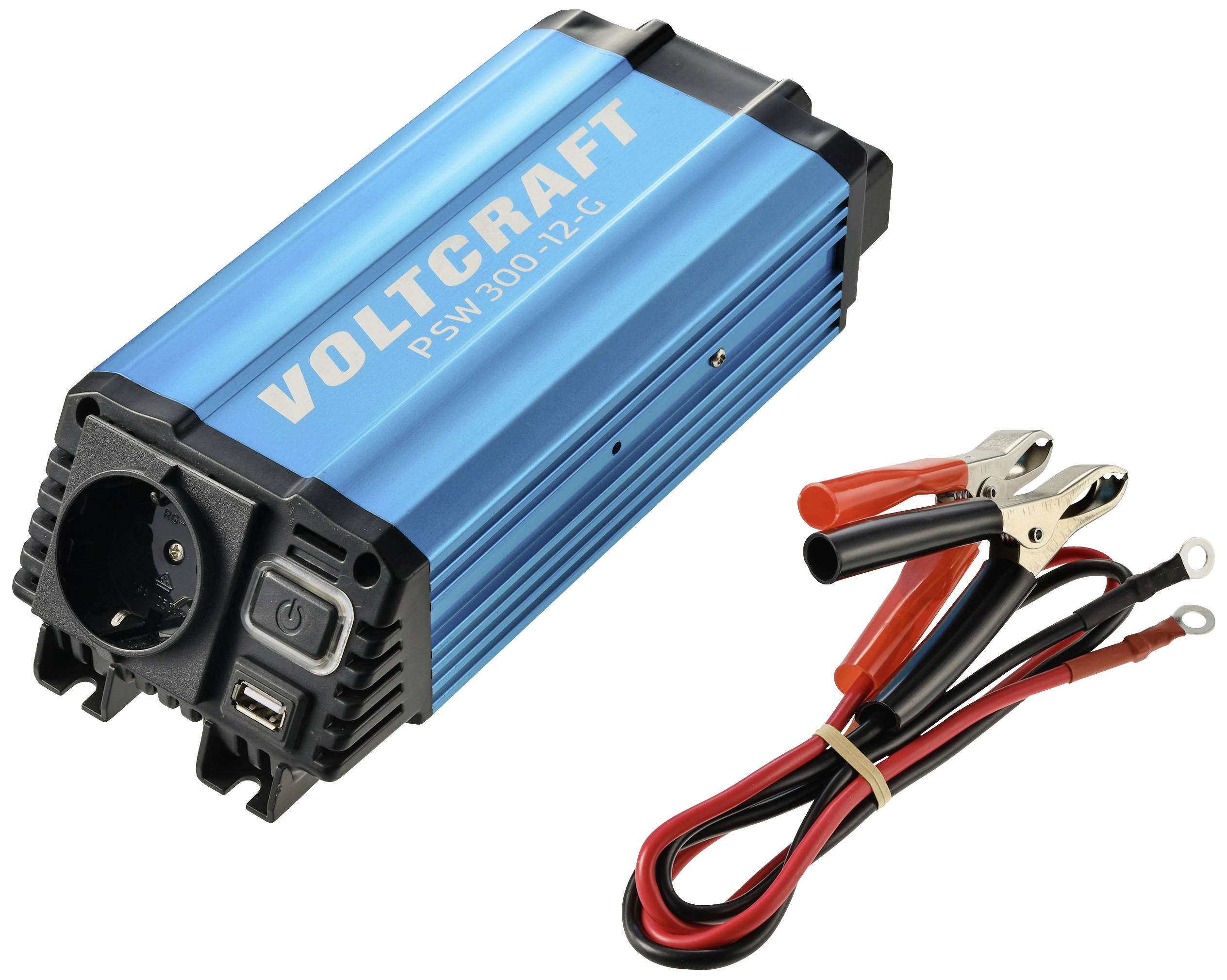 'Blauwe Voltcraft PSW300-12G spanningsomvormer naast aansluitkabels. Geschikt voor het omzetten van 12V gelijkstroom naar 230V wisselstroom.'