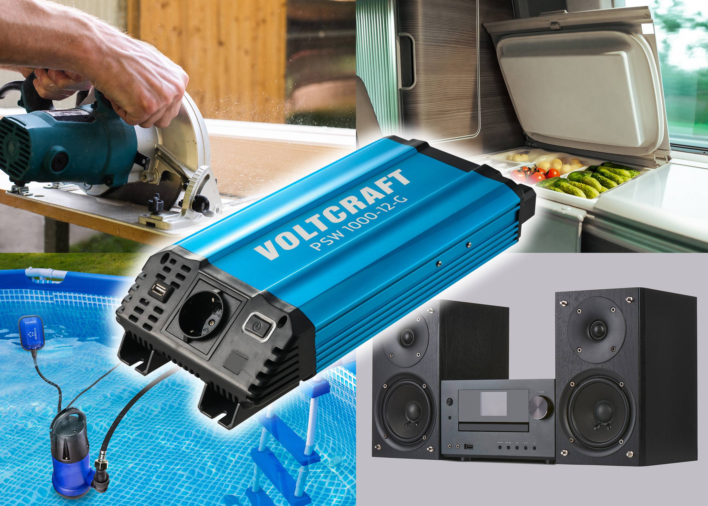 'Voltcraft PSW 1000-12 LG' omvormer. Toepassingsvoorbeelden: cirkelzaag, koelkast in camper, waterpomp, hi-fi-installatie.