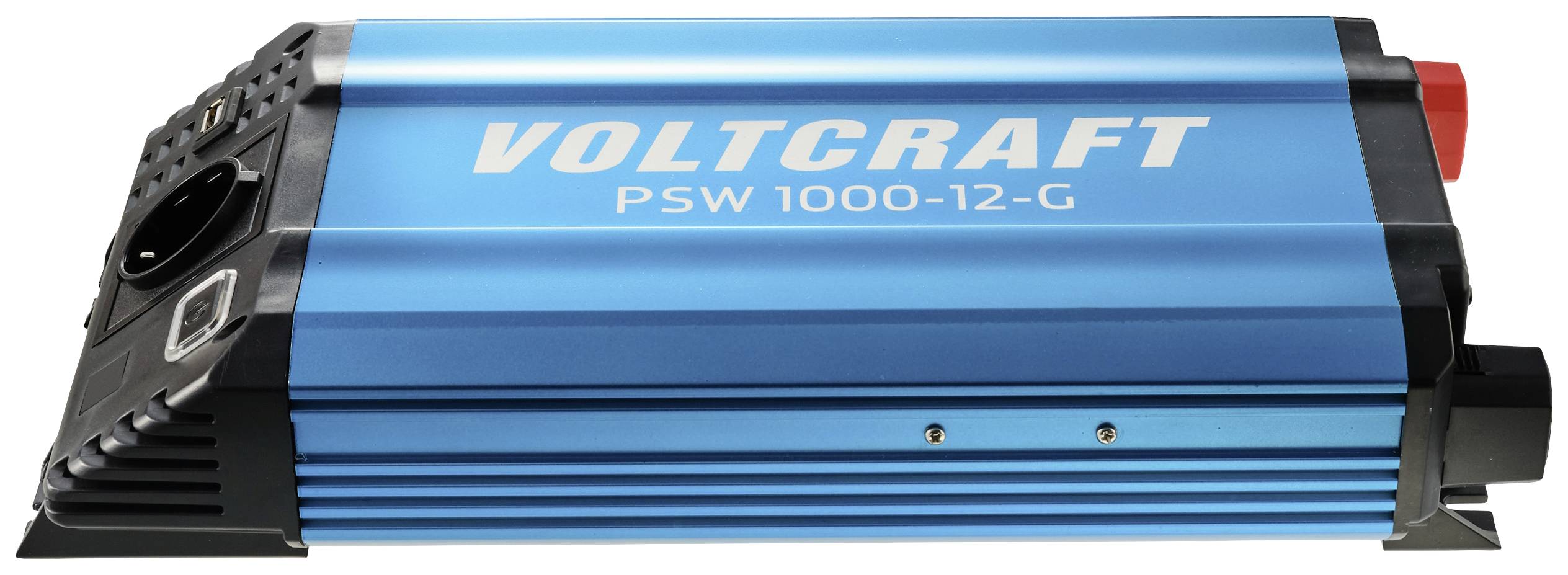 Blauwe Voltcraft PSW 1000-12-G omvormer met zwarte aansluiting, geschikt voor het omzetten van gelijkstroom naar wisselstroom.