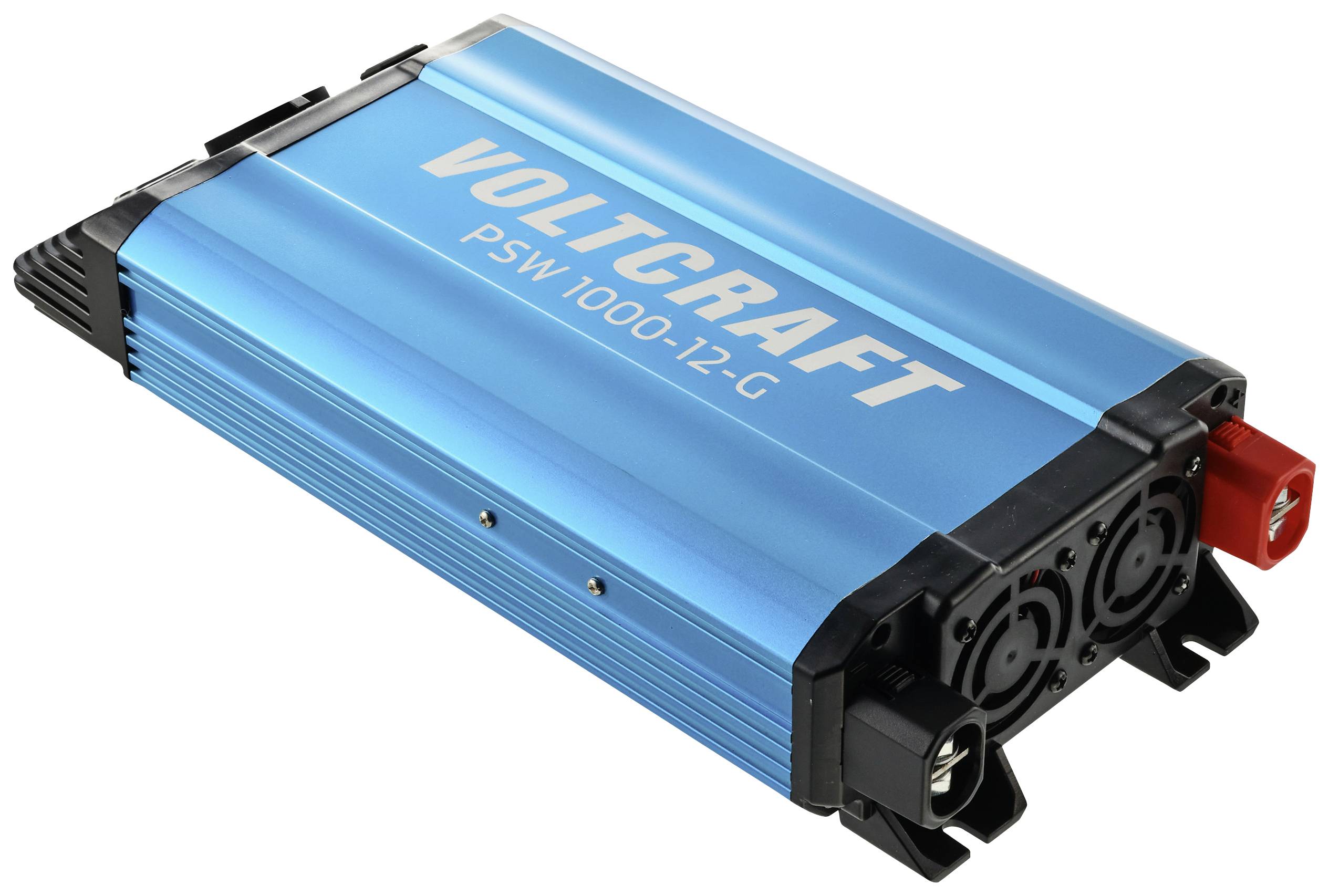 Blauwe spanningsomvormer met het opschrift 'VOLTCRAFT PSW 1000-12-G', geschikt voor het omzetten van gelijkstroom naar wisselstroom.