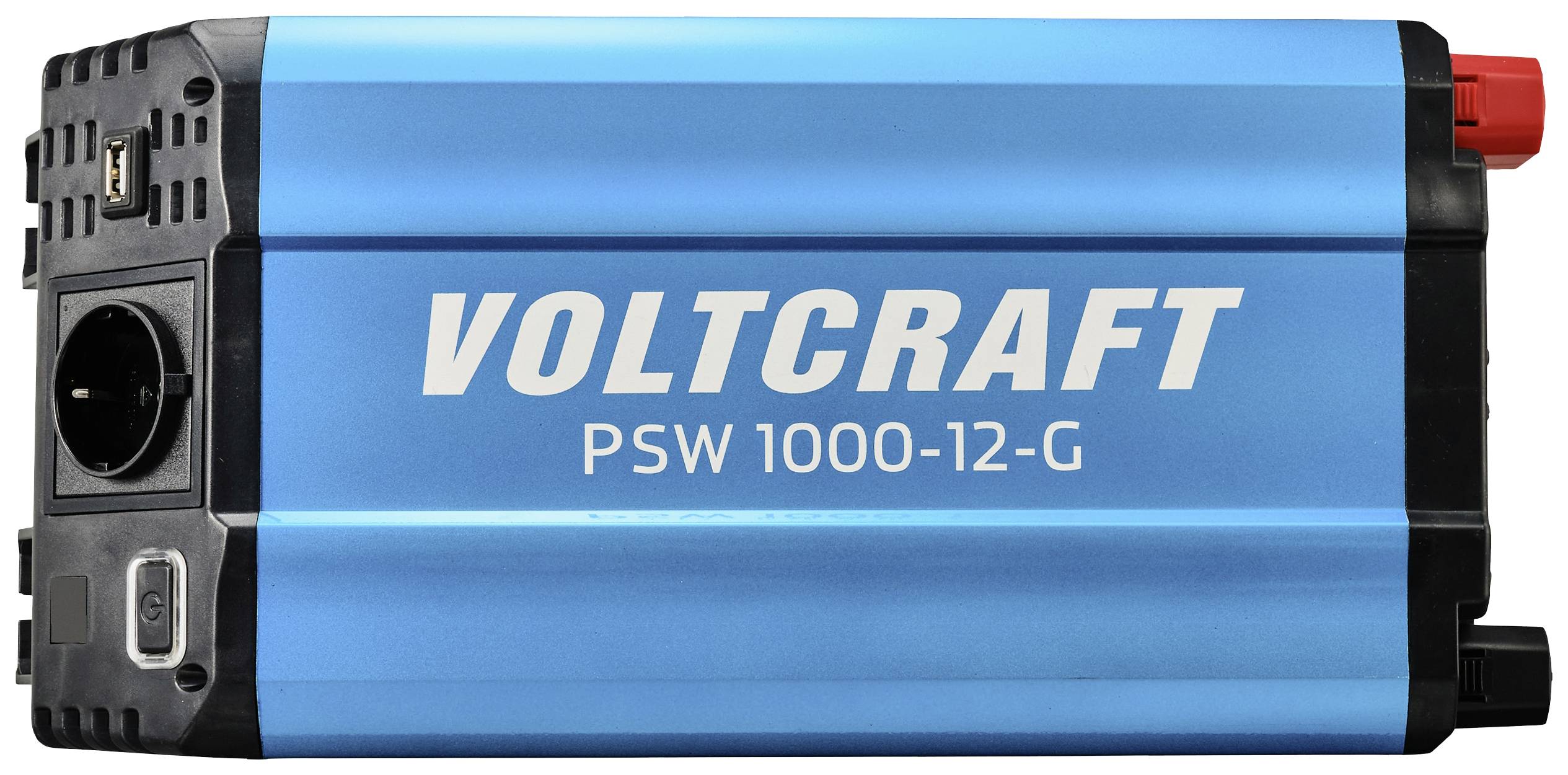 Blauwe spanningsomvormer van het merk Voltcraft met de aanduiding PSW 1000-12-G.