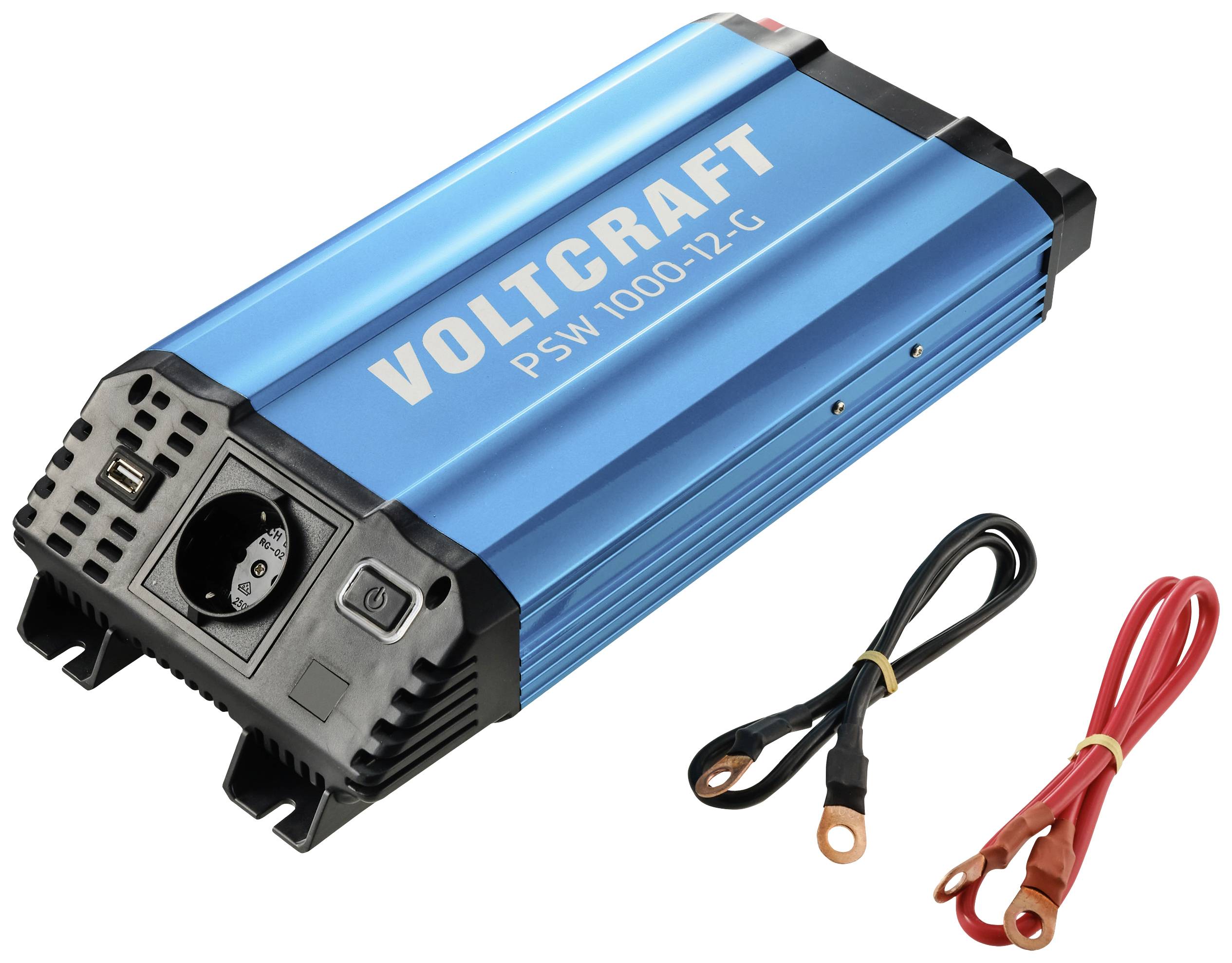 Blauwe spanningsomvormer 'Voltcraft PSW 1000-12-C' met USB-aansluiting, stopcontact en twee kabels, één zwart en één rood.