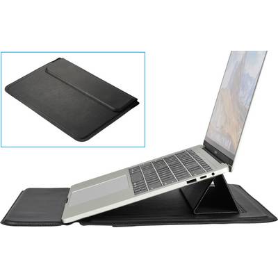 Laptop op een zwarte beschermhoes die als standaard dienst doet. De hoes is linksboven in het beeld in gesloten toestand afgebeeld.