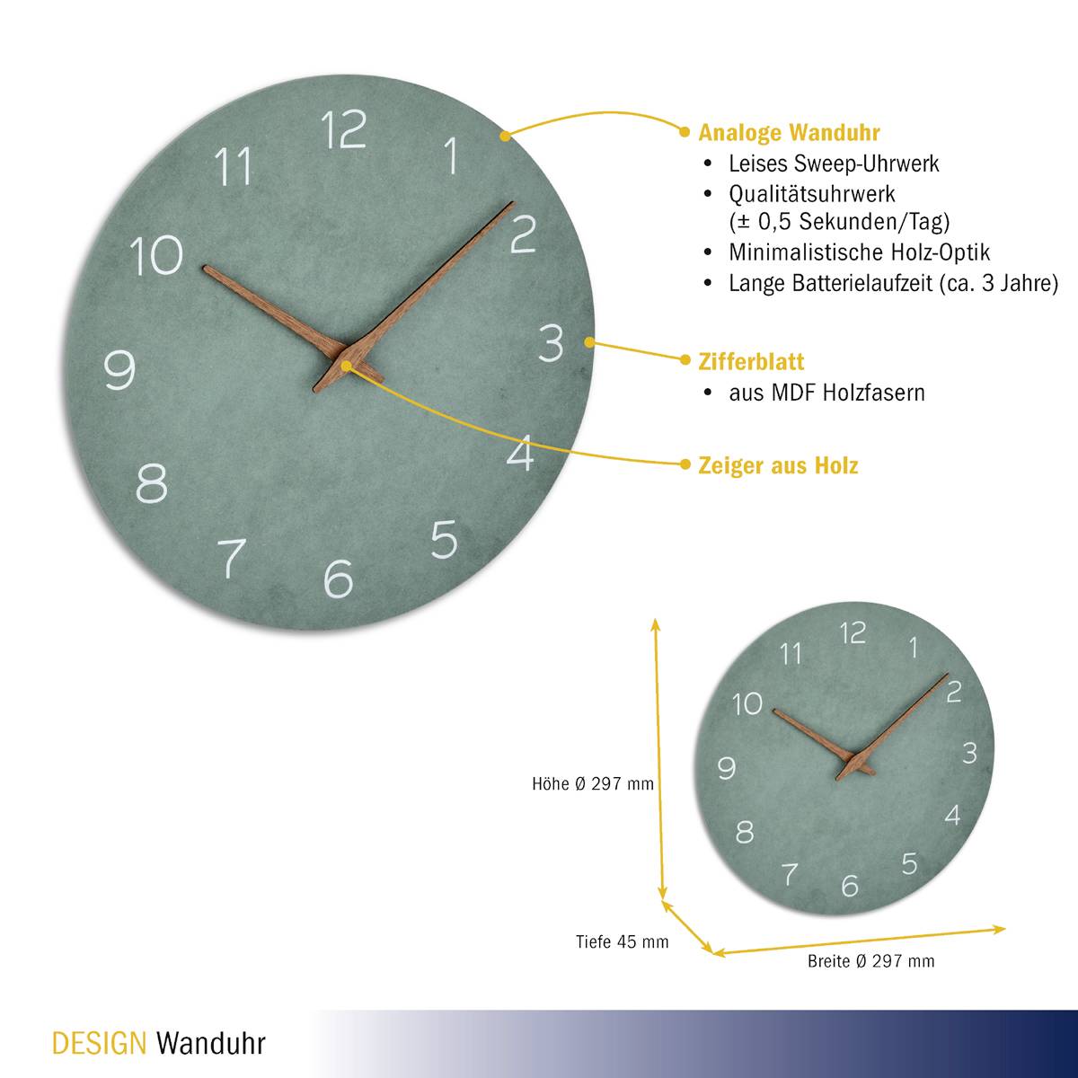 Analoge wandklok met stille sweep-uurwerk, houten wijzers, wijzerplaat van MDF-houtvezels. Afgebeeld met afmetingen en batterij-informatie.
