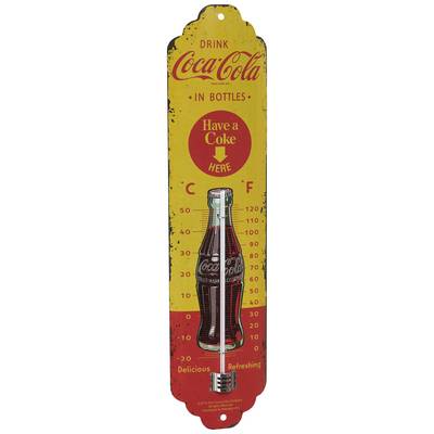 'Drink Coca-Cola in Bottles' Retro-Thermometer toont 20 graden Celsius aan. Vintage-design met iconische Coca-Cola-fles en logo.