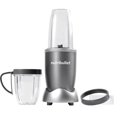 Een mixer met een tweede reservoir en een deksel. De mixer heeft een compacte constructie en een zilveren behuizing.