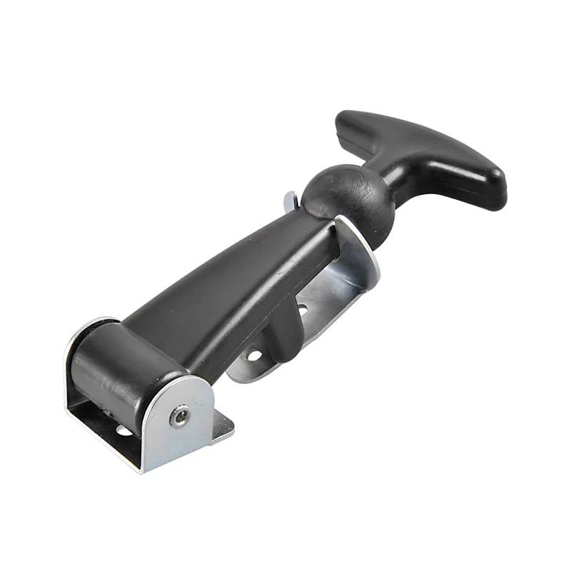 Zwarte kunststof hendel met T-vormige greep en metalen bevestiging, gebruikt als vergrendelingsmechanisme voor deuren of apparaten.