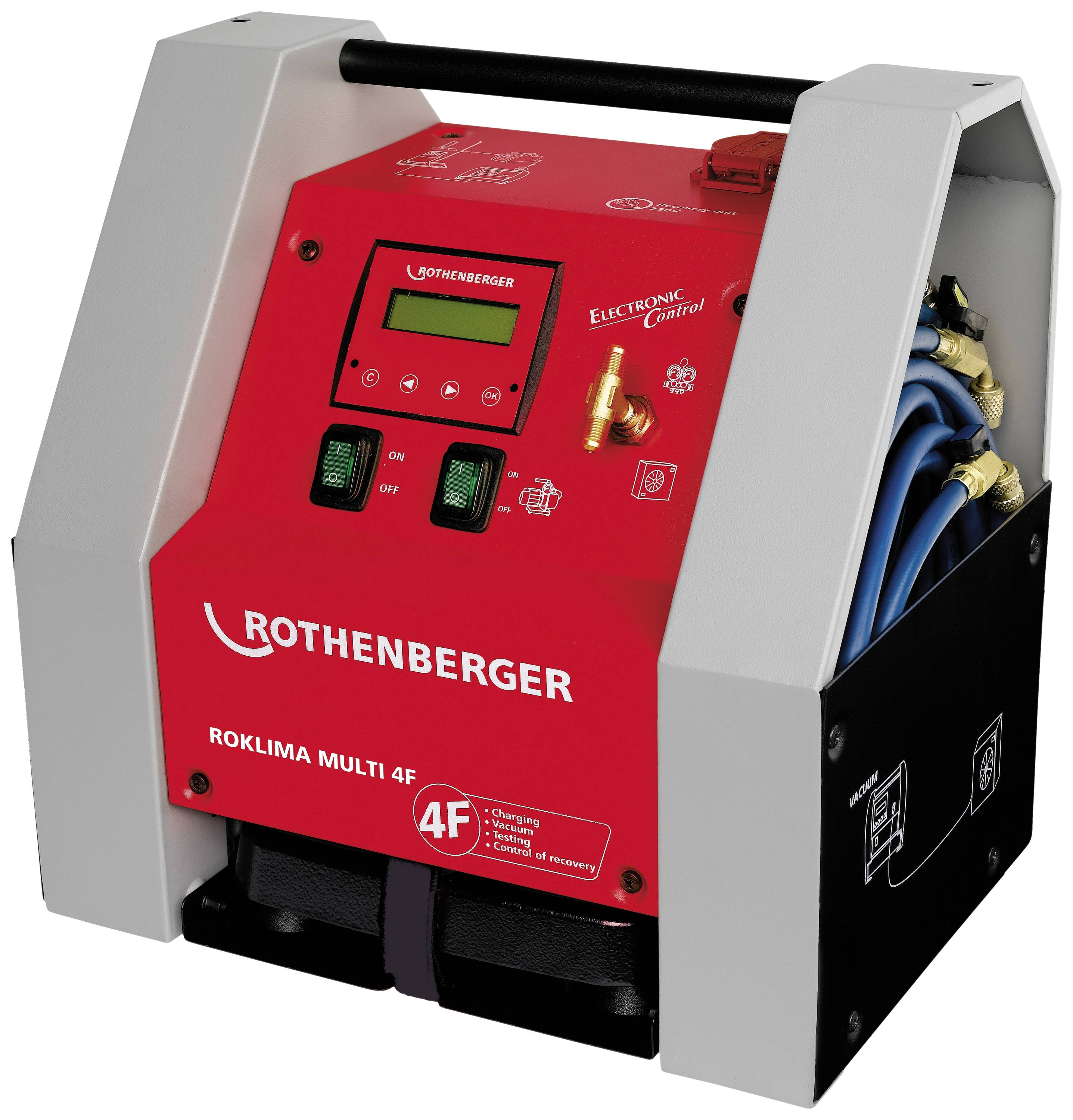 Een rood klimaatgereedschap met het opschrift 'ROTHENBERGER ROKLIMA MULTI 4F'. Twee schakelaars en een digitaal display aan de voorkant.