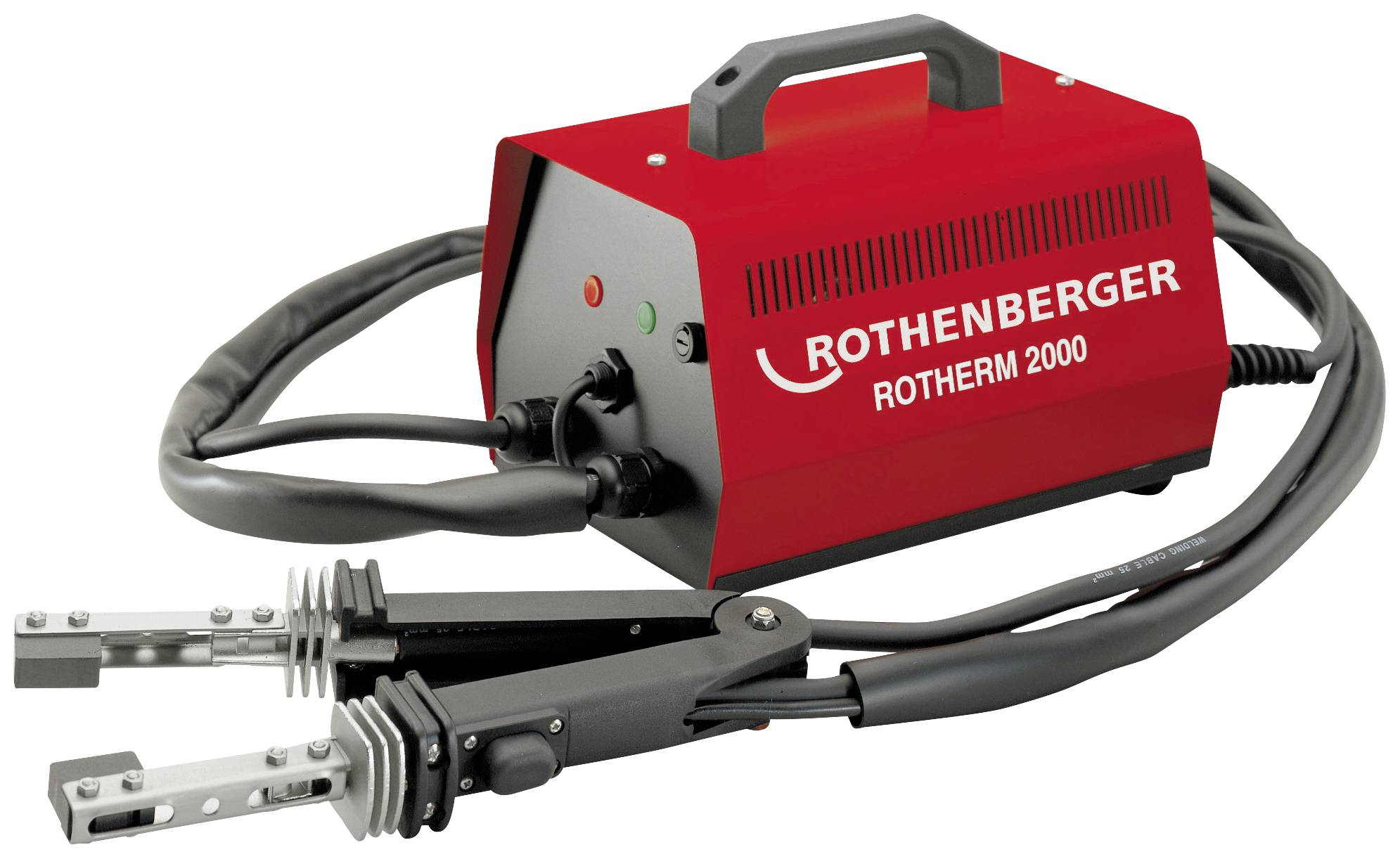 Een rood elektrisch lasapparaat met het opschrift 'Rothenberger Rotherm 2000', voorzien van kabels en lasklemmen, klaar voor gebruik.