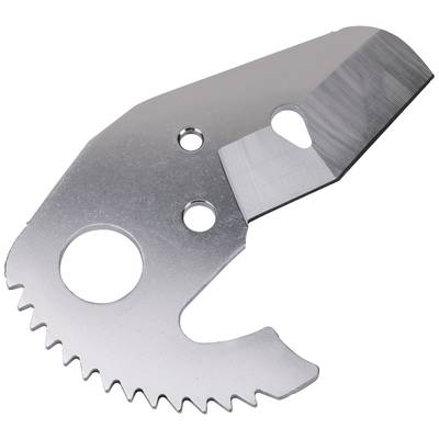 Metalen kling met getande snede en meerdere gaten, waarschijnlijk onderdeel van een gereedschap of apparaat, op een witte achtergrond.