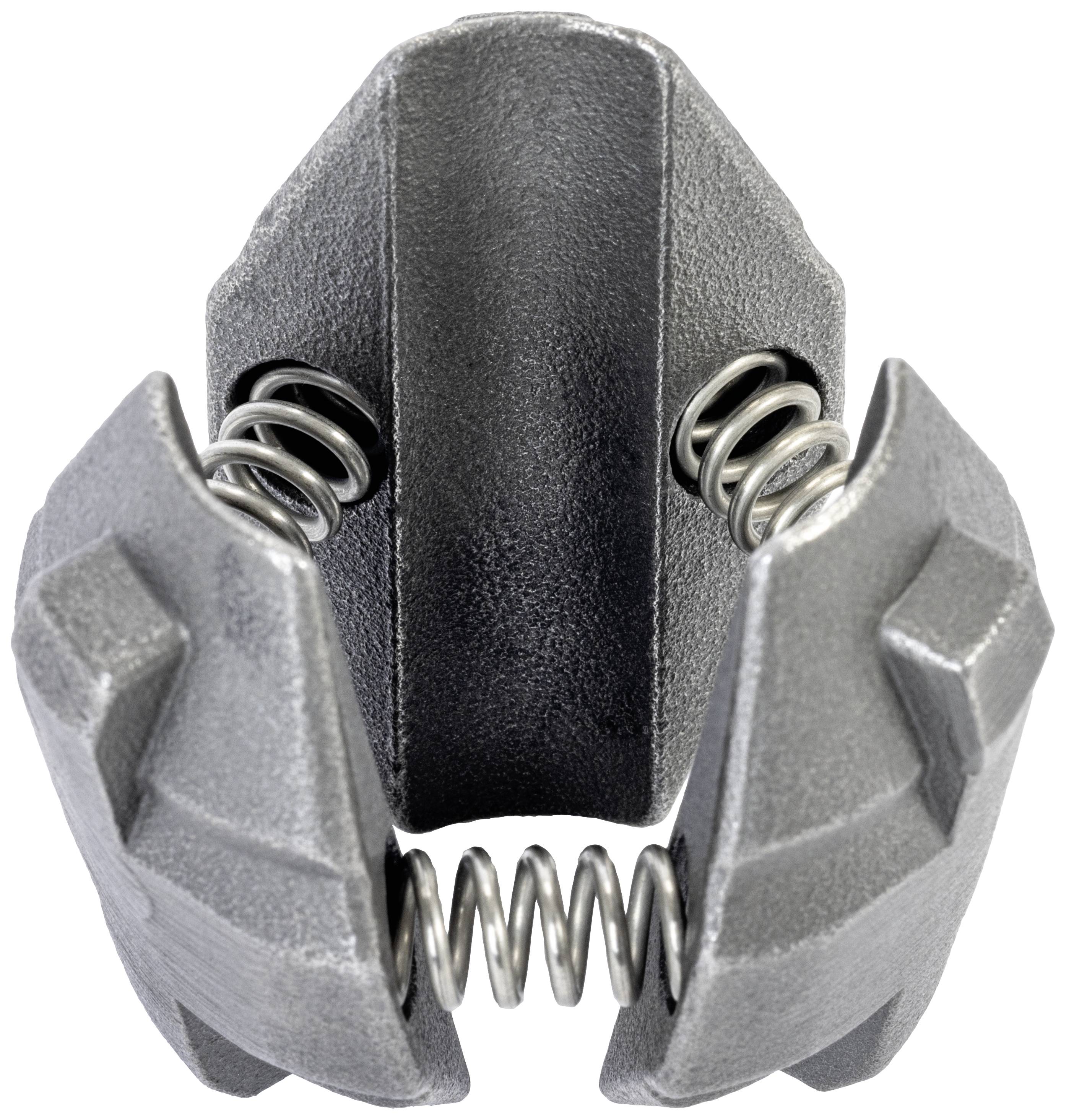 Een metalen toestel met twee geveerde helften die tegenover elkaar staan. Het is grijs en heeft een industriële uitstraling.
