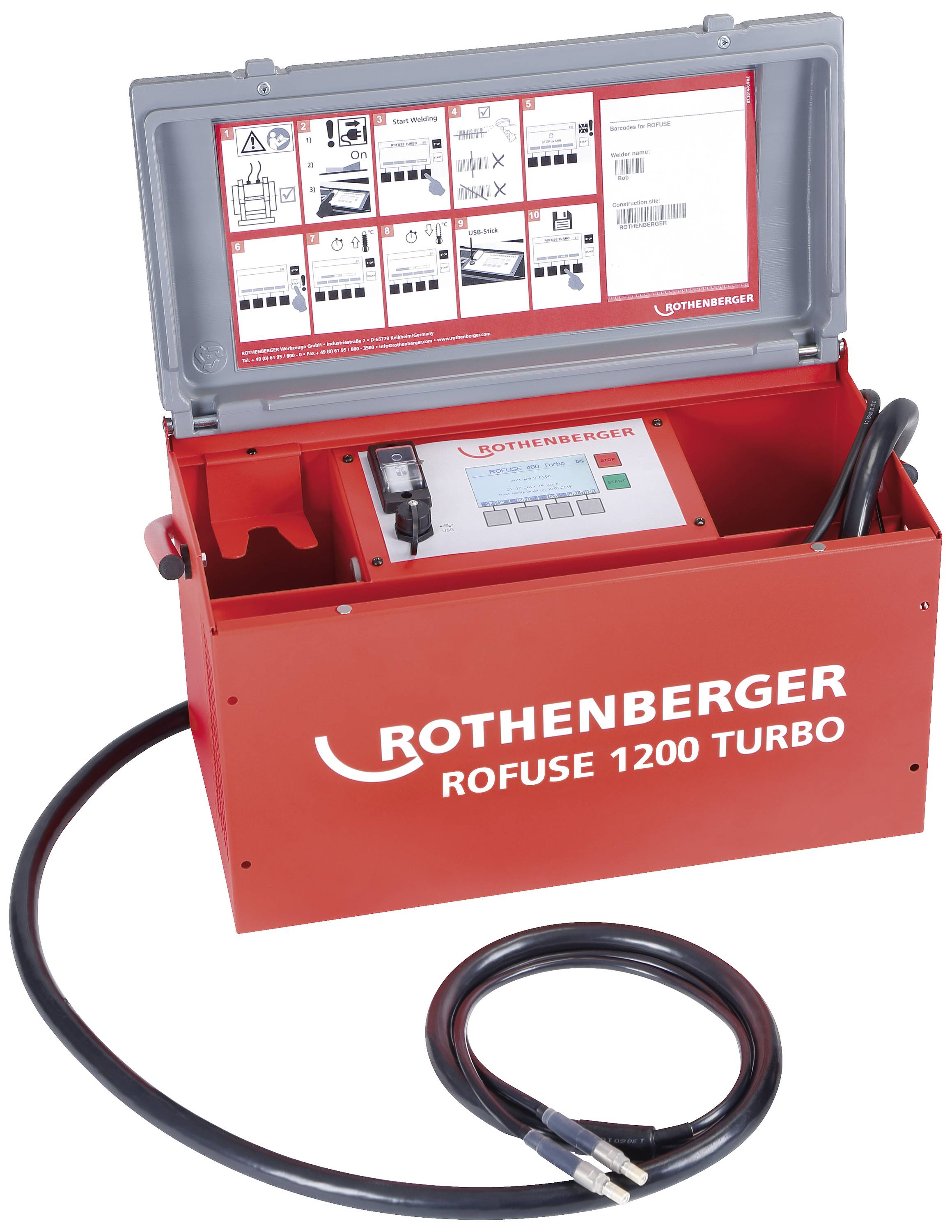 Rood elektrisch lasapparaat 'ROTHENBERGER ROFUSE 1200 TURBO' met grijze deksel, binnenin gebruiksaanwijzing, zwart snoer aan de voorkant.