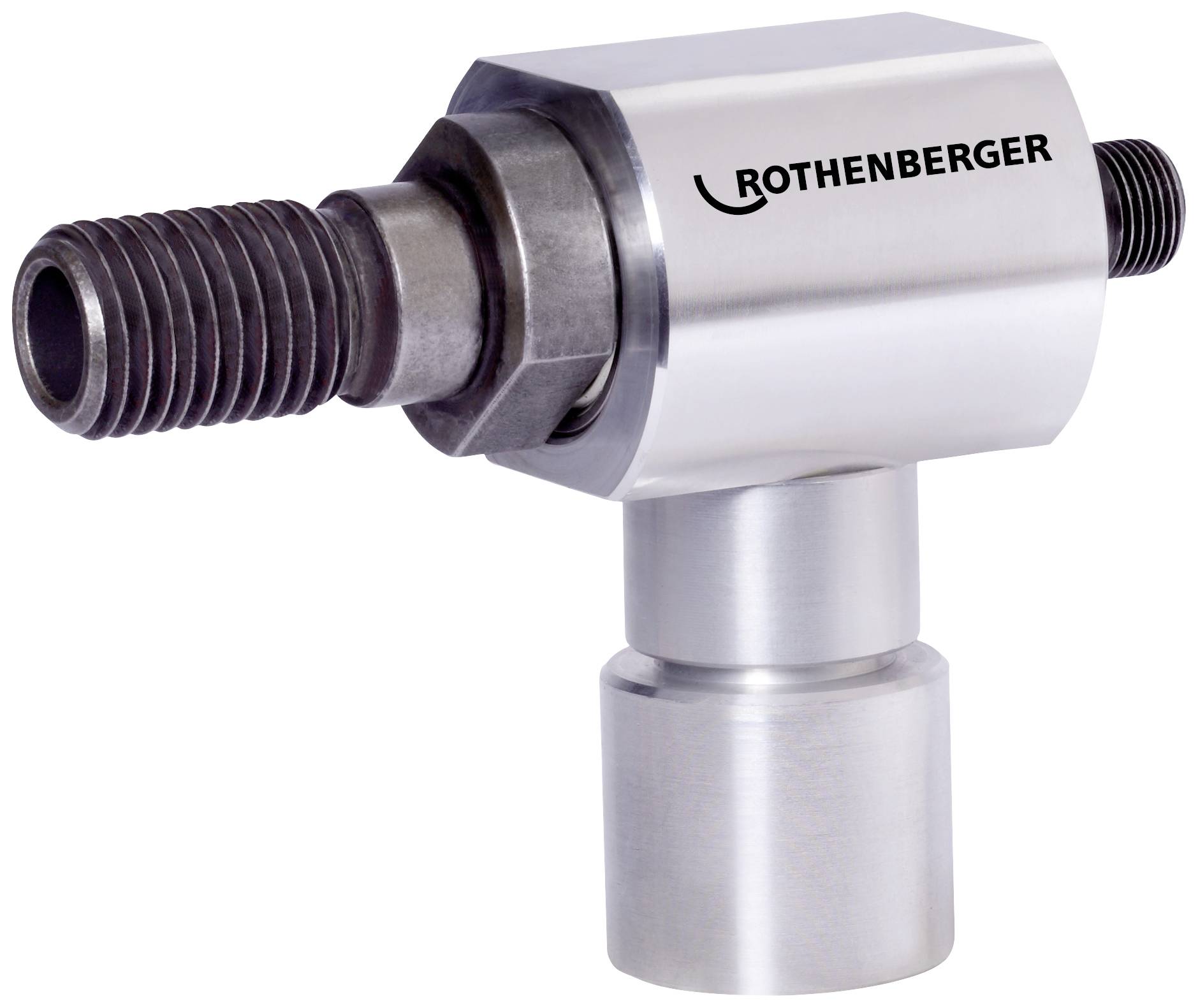 Zilveren dubbele schroefdraadadapter met 'ROTHENBERGER'-logo, toont een robuust ontwerp voor gebruik in sanitaire of verwarmingsinstallaties.