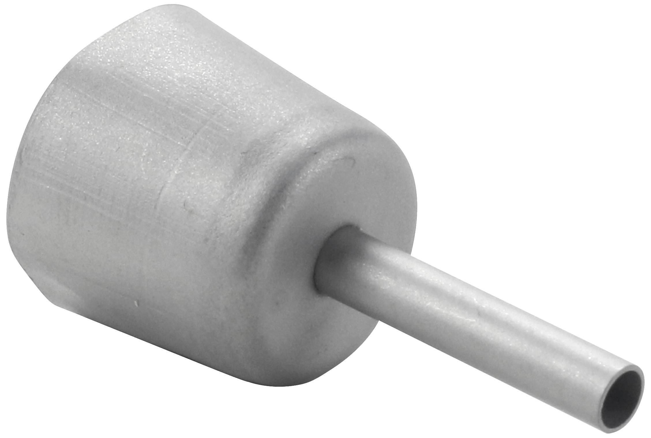 Metalen, cilindrisch onderdeel met een dunne, langgerekte buisuitstulping, dat een noppen-structuur op het oppervlak vertoont.