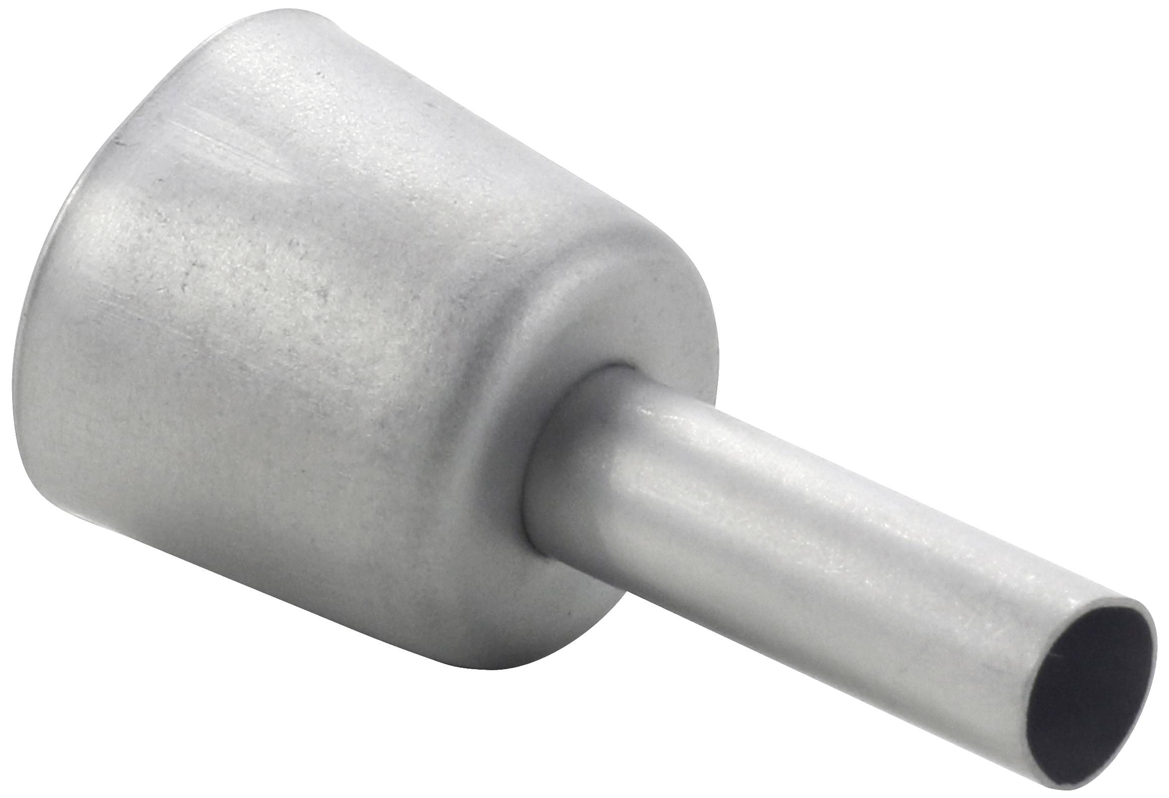 Een zilveren metalen adapter met een breder cilindrisch uiteinde en een smaller, langer buisuiteinde.