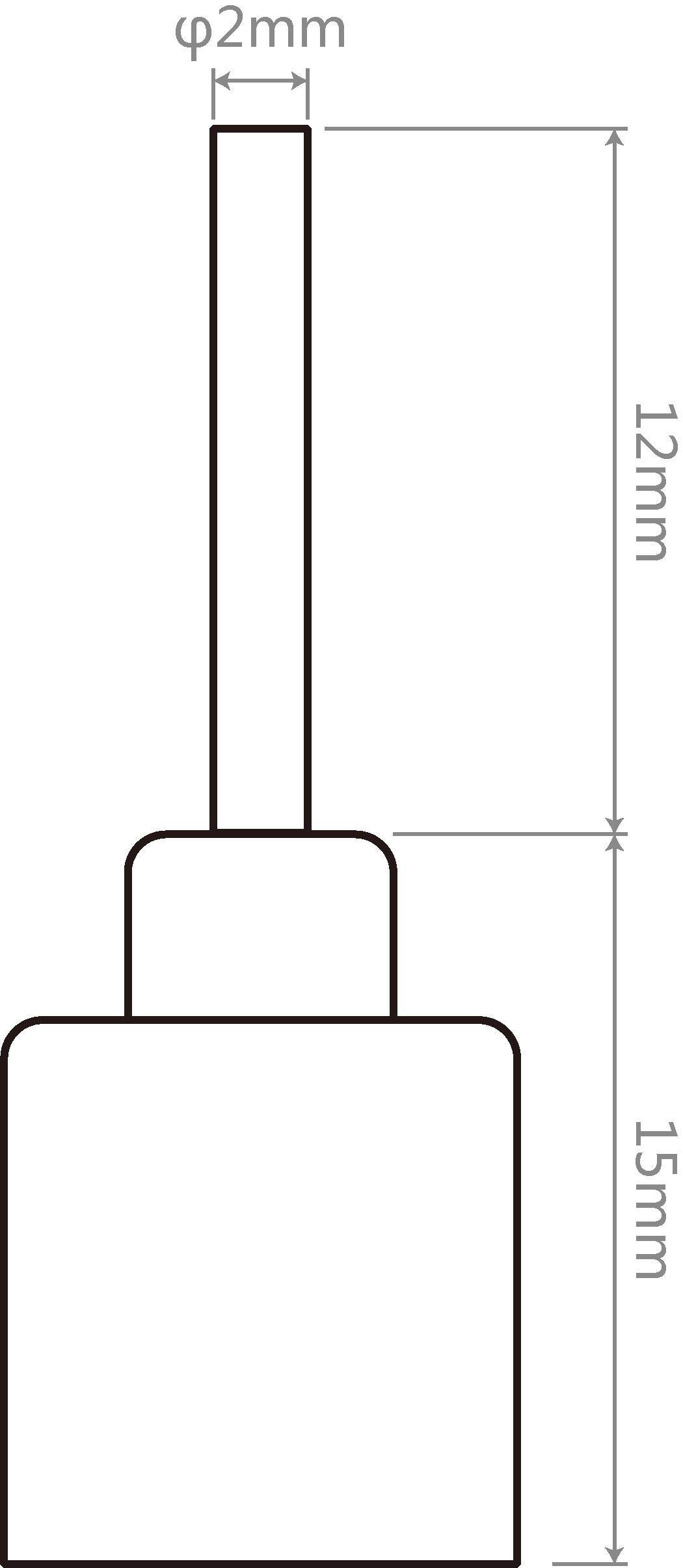 Technische tekening van een cilindrisch object met afmetingen: diameter 2 mm, lengte 12 mm, basisdikte 15 mm.