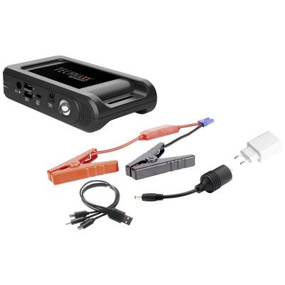 Powerbank met startkabels, USB-kabel en oplader. Geschikt voor het opladen van apparaten of voor het geven van een startboost aan auto's.