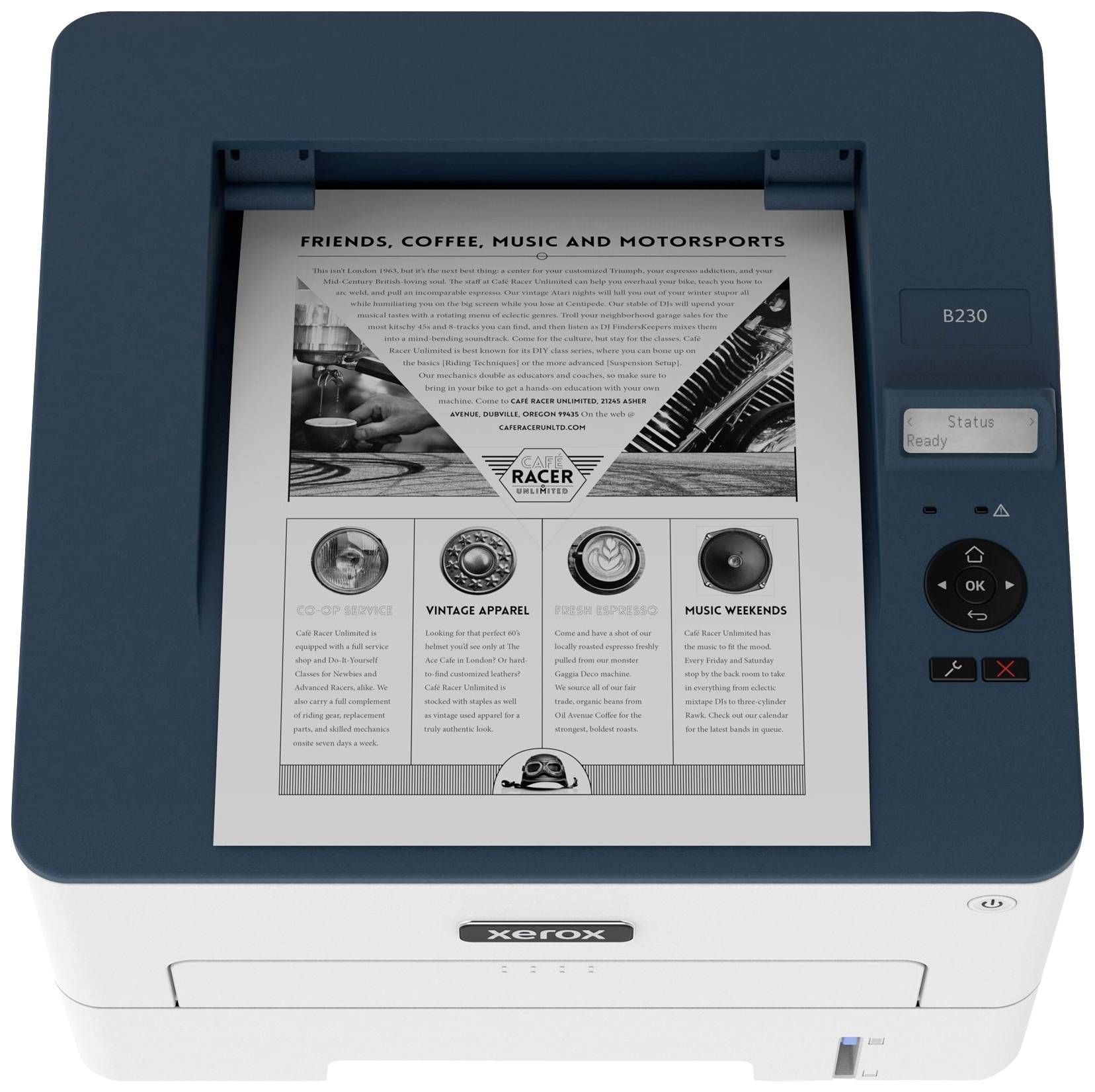 Een printer drukt een document af met tekst en afbeeldingen, waaronder thema's zoals vriendschap, koffie, muziek en autosport.