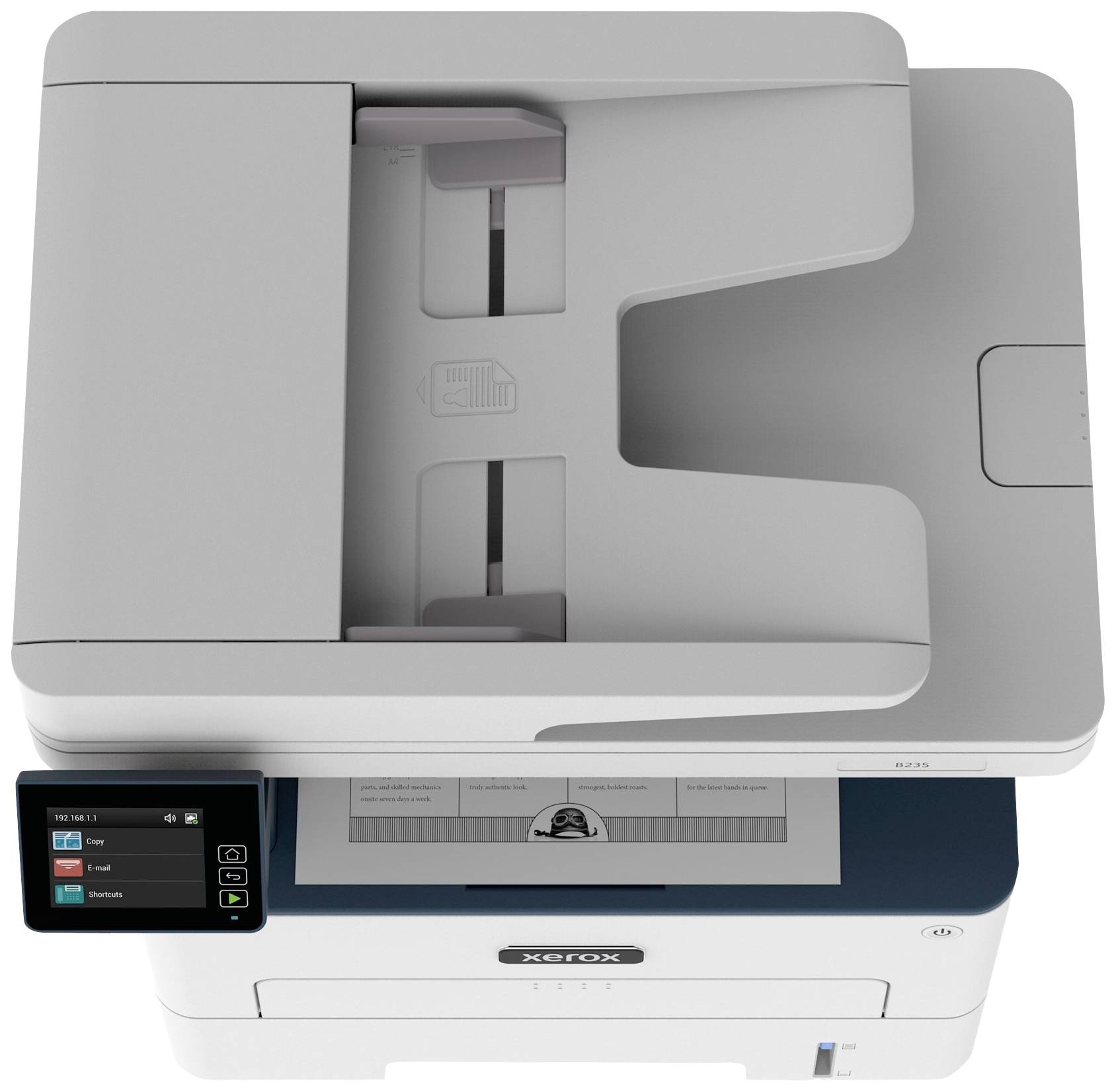 Een grijze multifunctionele printer. Bovenaanzicht met display links, waarop opties zoals 'Kopiëren' en 'Scannen' worden weergegeven.