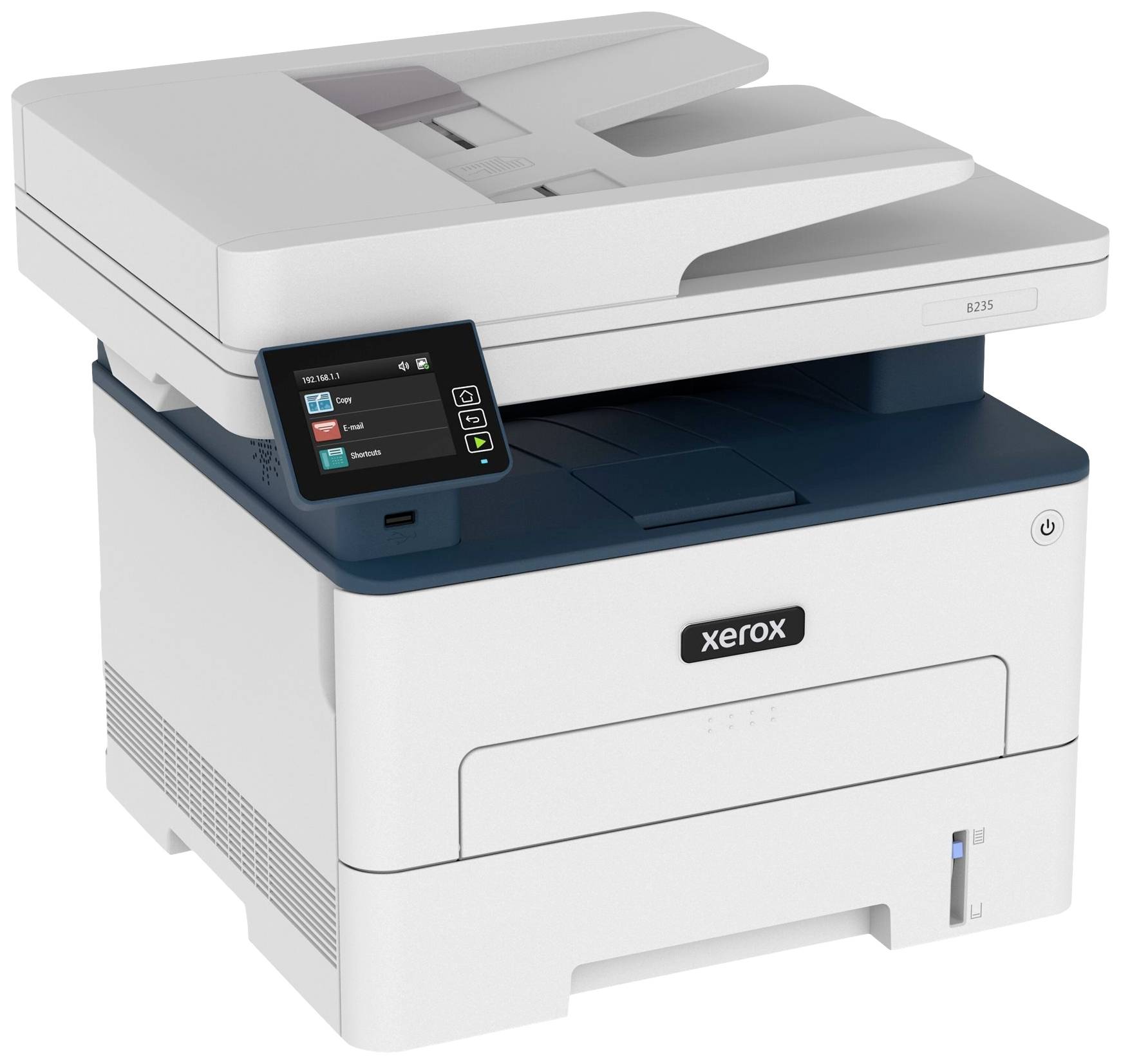 Een multifunctionele printer met een touchscreen-bedieningspaneel. Hij biedt opties voor kopiëren, printen en scannen.