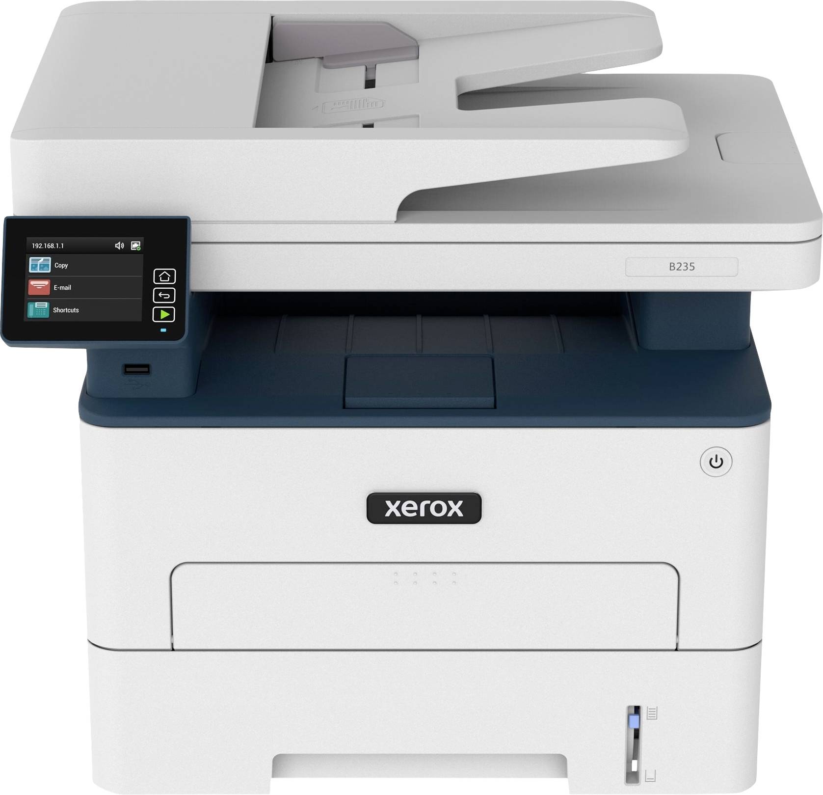 Multifunctionele printer met touchscreen-display aan de voorkant, toont gebruikersopties zoals 'Kopiëren', 'E-mail' en 'Afdrukken'.
