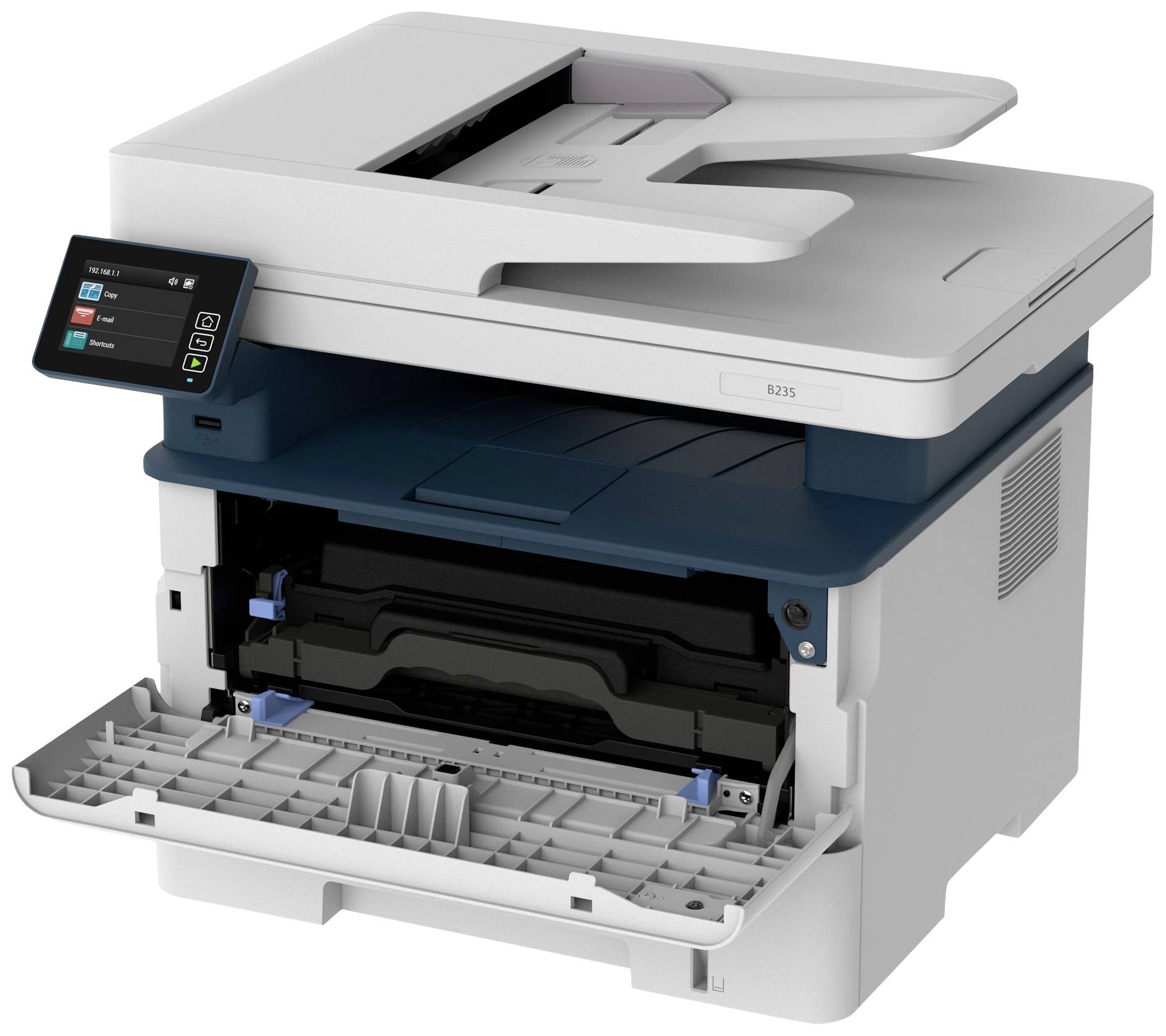 Een multifunctionele printer met een open papierlade, een bedieningspaneel met touchscreen, twee blauwe clip-sluitingen en een grijs behuizing.
