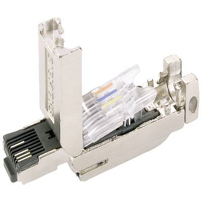 Een RJ45-connector in close-up toont de geplaatste gekleurde draden. Het metalen frame is gedeeltelijk geopend en zichtbaar.