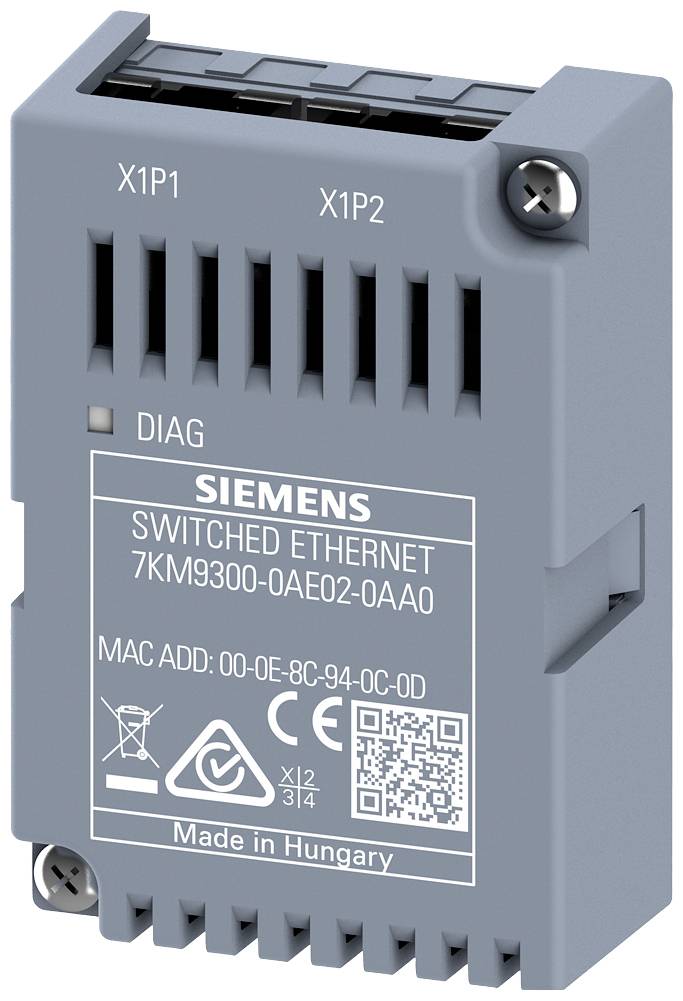 Een grijs Siemens Switched Ethernet-module met modelnummer 7KM9300-0AE02-0AA0. Vervaardigd in Hongarije.