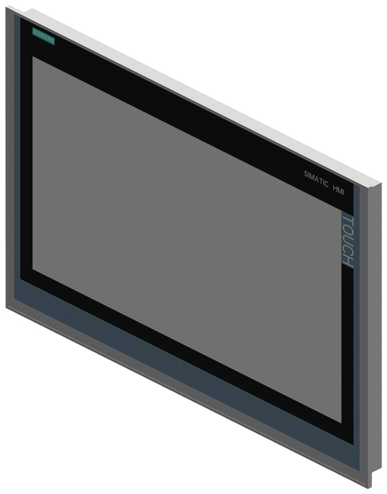 Een rechthoekige, grijze touchscreen-monitor in staande positie met de aanduiding 'SIMATIC HMI' en 'TOUCH' aan de rechterkant.
