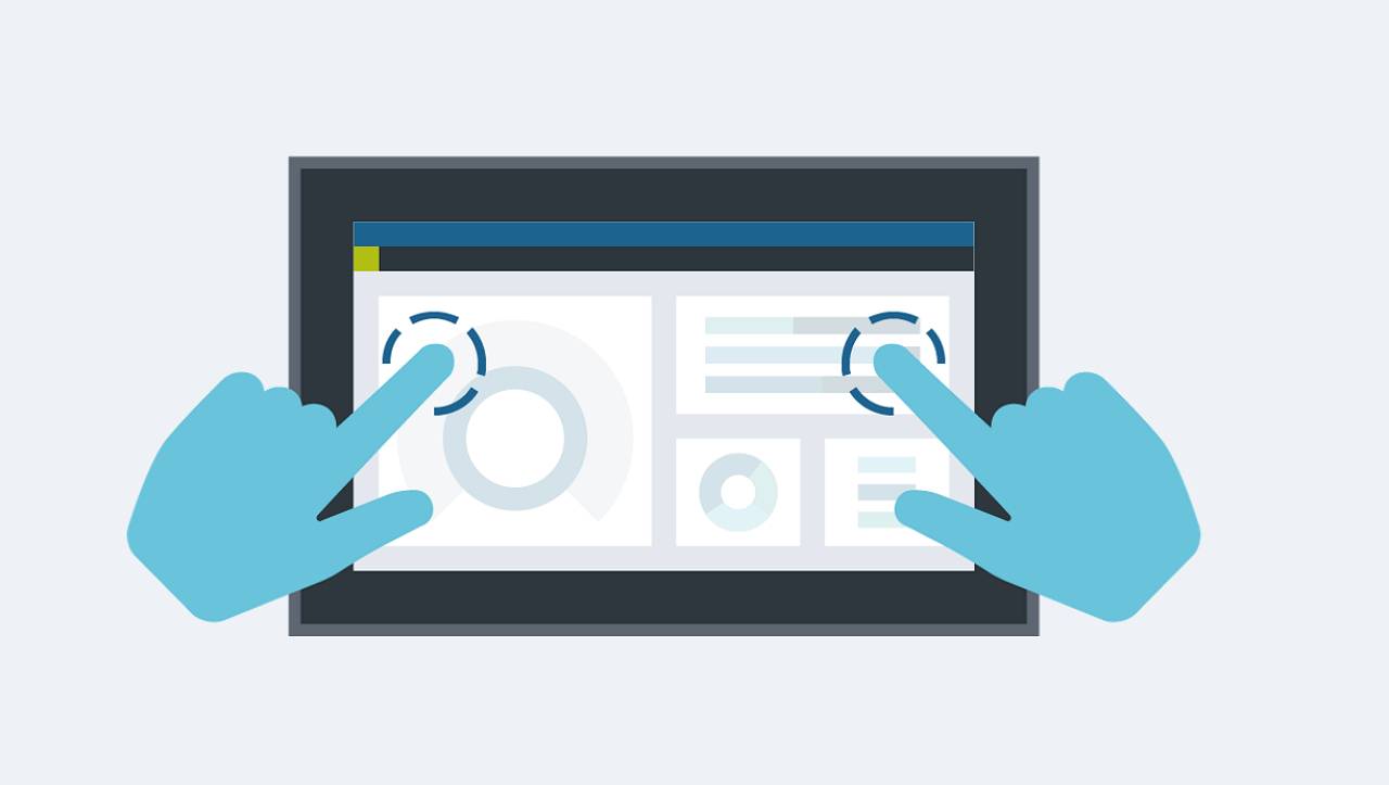 Twee blauwe handen raken een touchscreen-tablet aan, waarop diagrammen en tekst worden weergegeven, wat interactiviteit en technologie symboliseert.