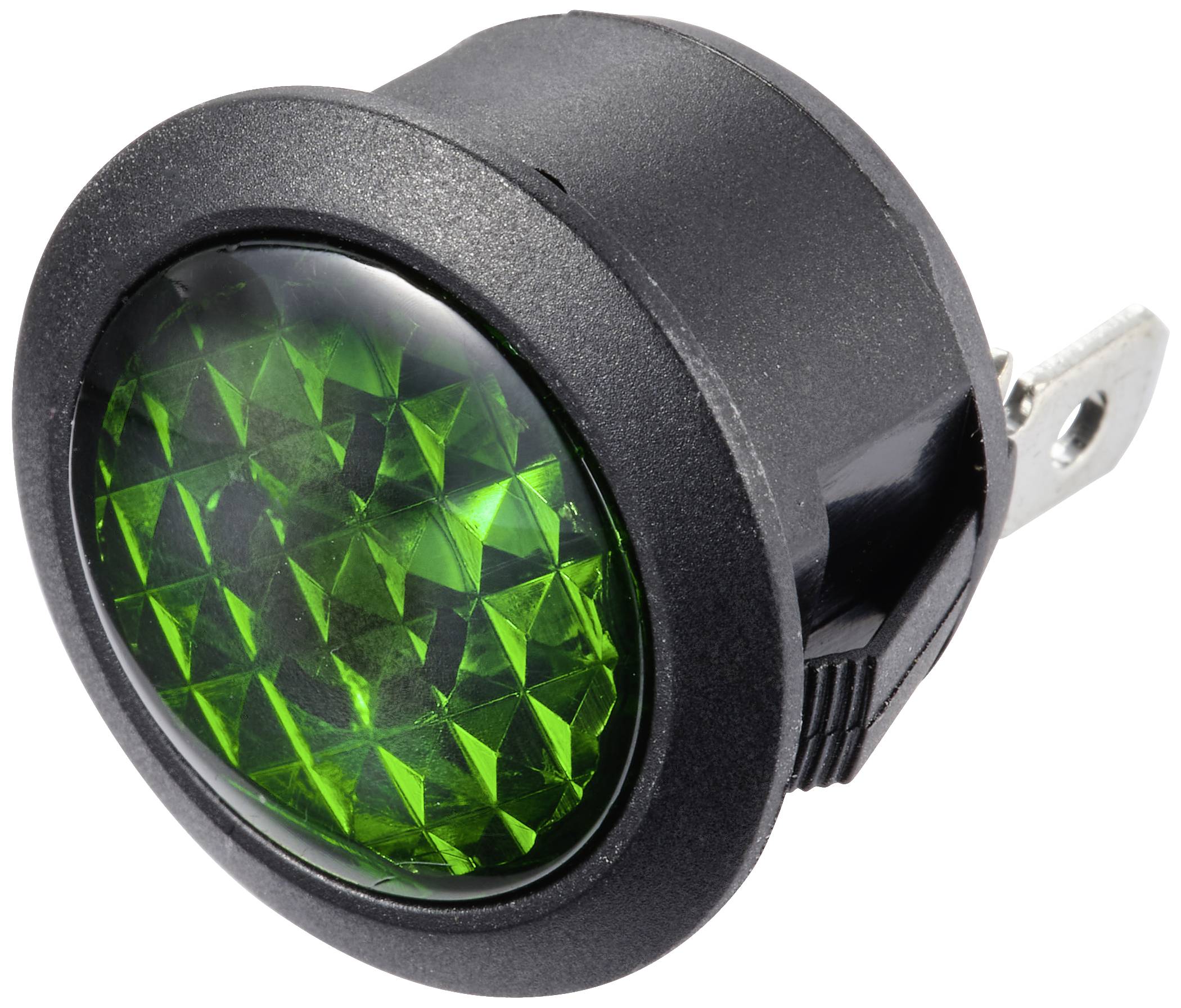 Een ronde, zwarte tuimelschakelaar met groen, oplichtend plastic aan de bovenkant, wordt gebruikt om een apparaat in- en uit te schakelen.