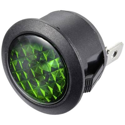 Een ronde, zwarte tuimelschakelaar met groen, oplichtend plastic aan de bovenkant, wordt gebruikt om een apparaat in- en uit te schakelen.