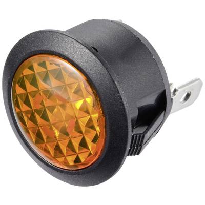 Een ronde schakelaar met een oranje, reflecterende middenkern. De schakelaar is geschikt voor inbouw in apparaten of bedieningspanelen.
