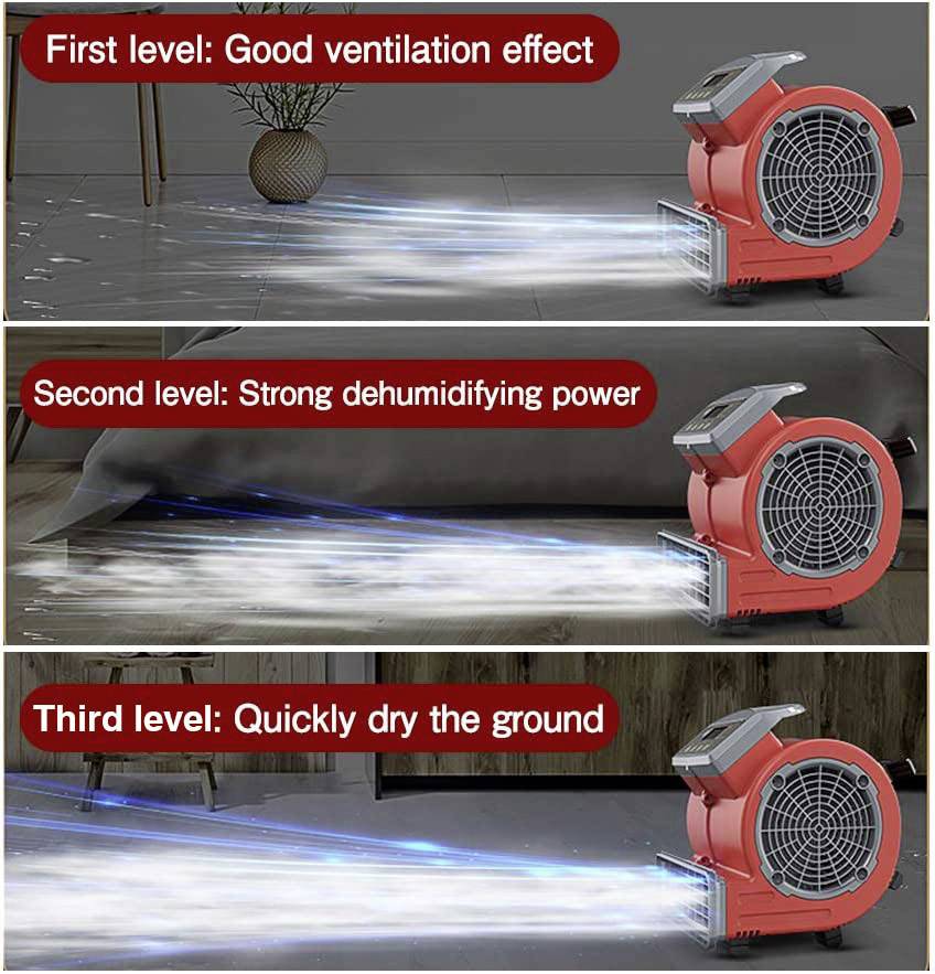 Een rood ontvochtingsapparaat met drie instellingen: 1. Goede ventilatie. 2. Sterke ontvochtiging. 3. Snel vloer drogen.