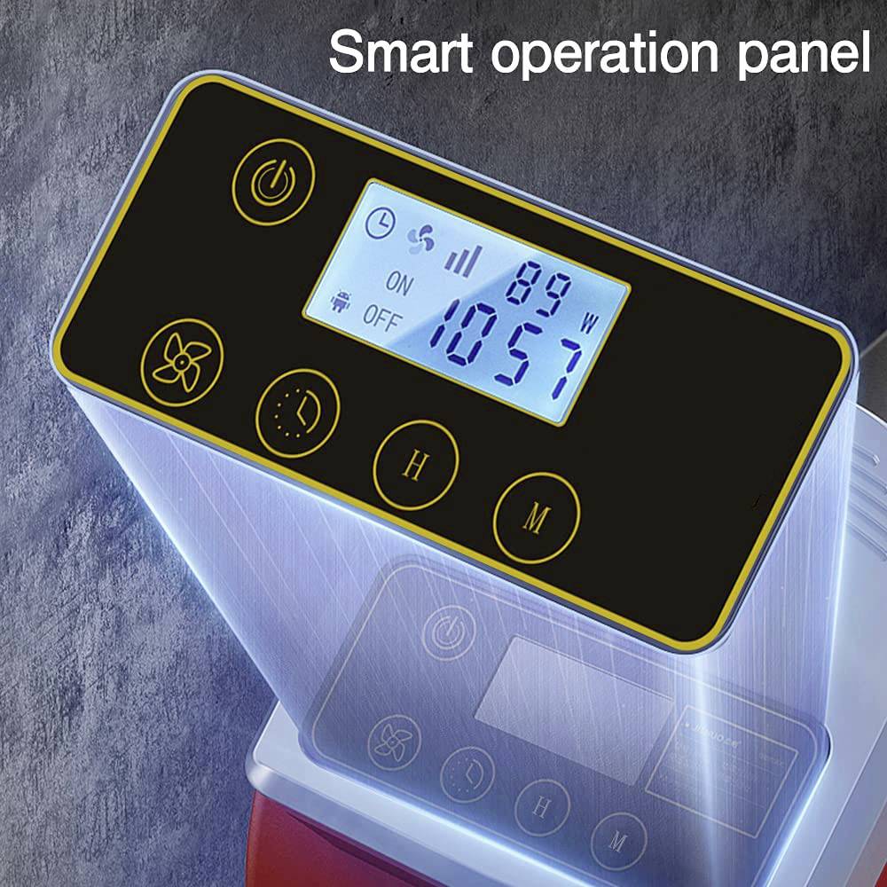Slimst bedieningspaneel met digitaal display, toont waarden voor 'H', 'M' en temperatuur. Knoppen voor aan/uit, ventilator en instellingen zijn zichtbaar.