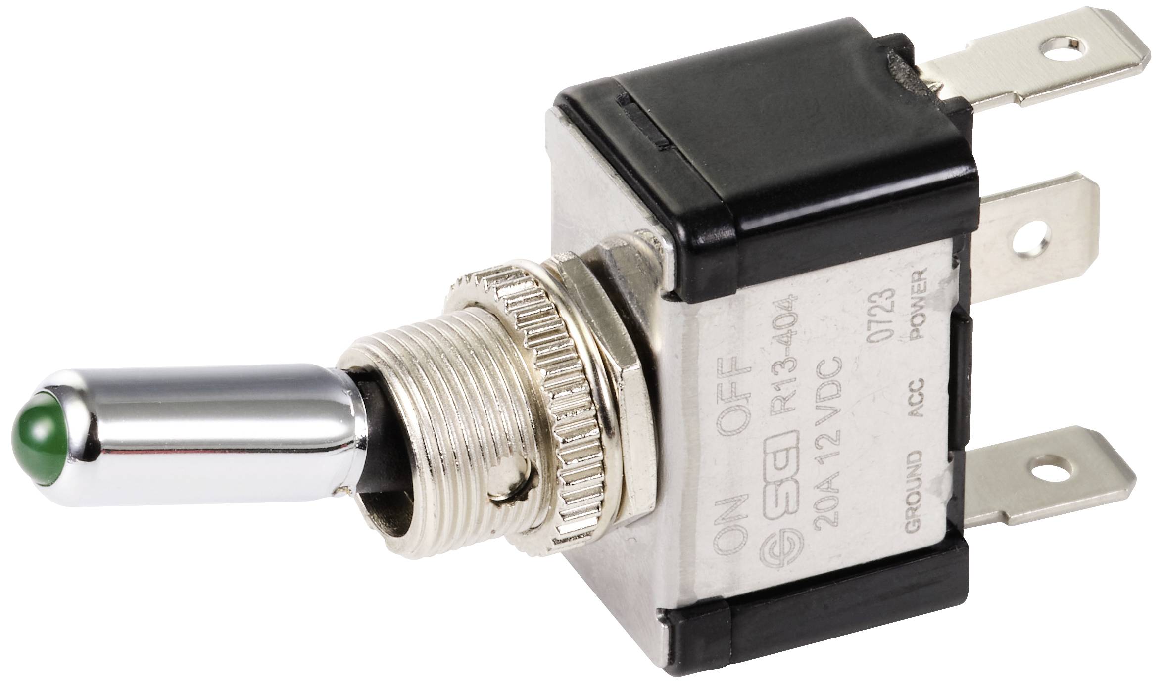 Een schakelaar met drie aansluitcontacten, gemarkeerd met teksten voor Aan/Uit en technische specificatie 20A, 12V DC.