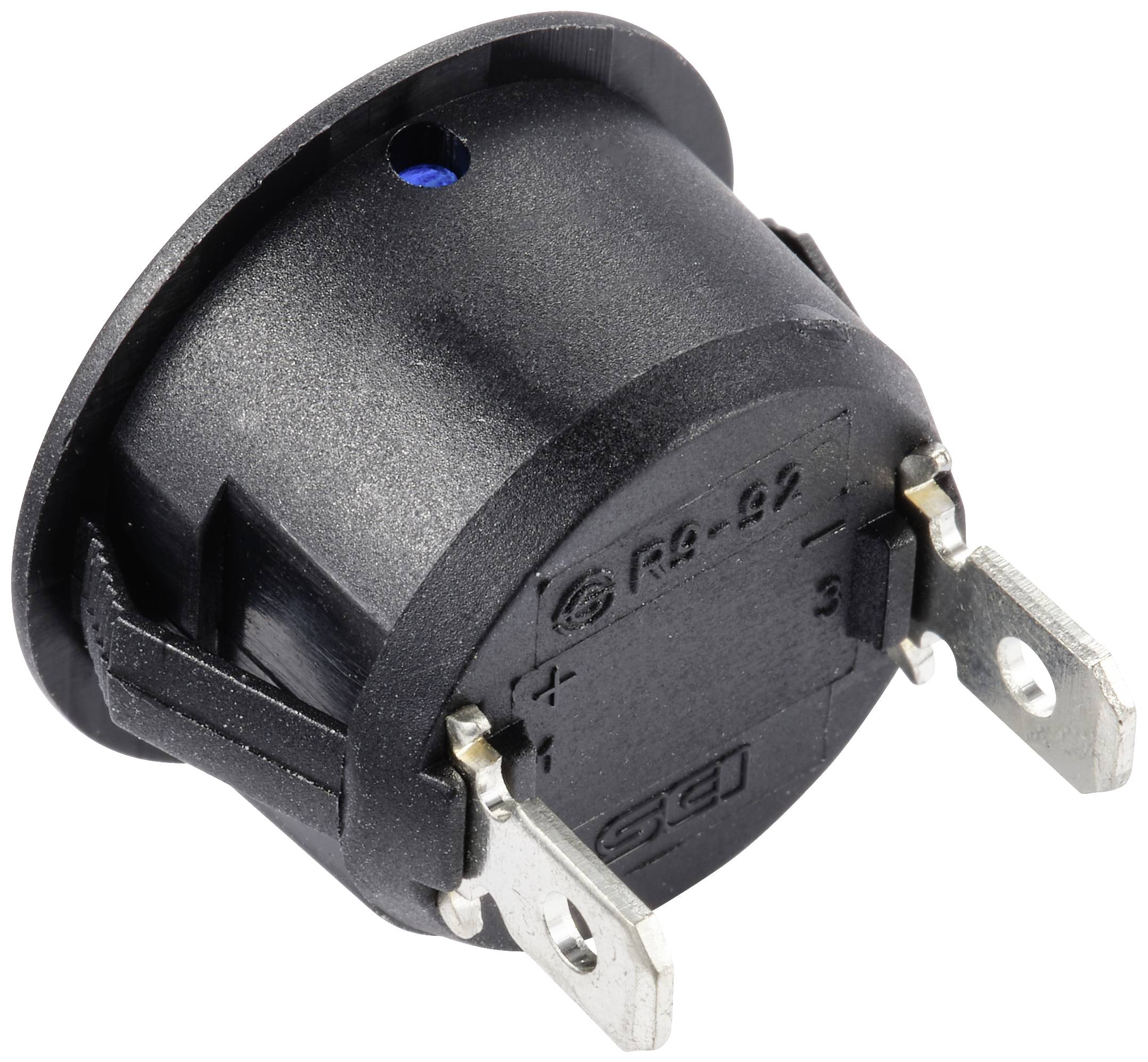 Een ronde zwarte tuimelschakelaar met drie metalen aansluitingen, geschikt voor gebruik in elektrische apparaten voor het besturen van elektrische circuits.