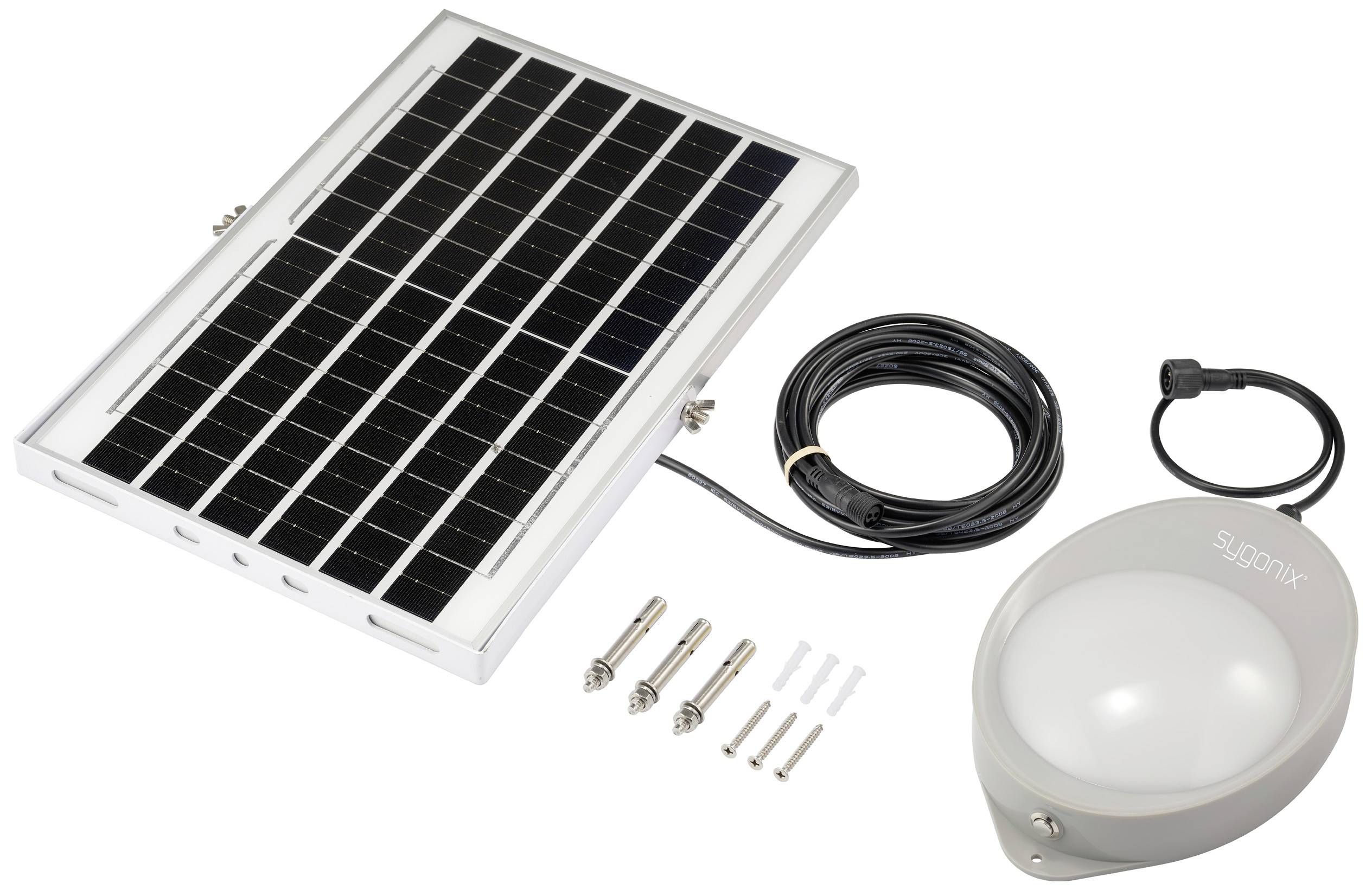 Zonnemodule-set met paneel, lamp, kabels en montagemateriaal. Ideaal voor autonome verlichtingsoplossingen.