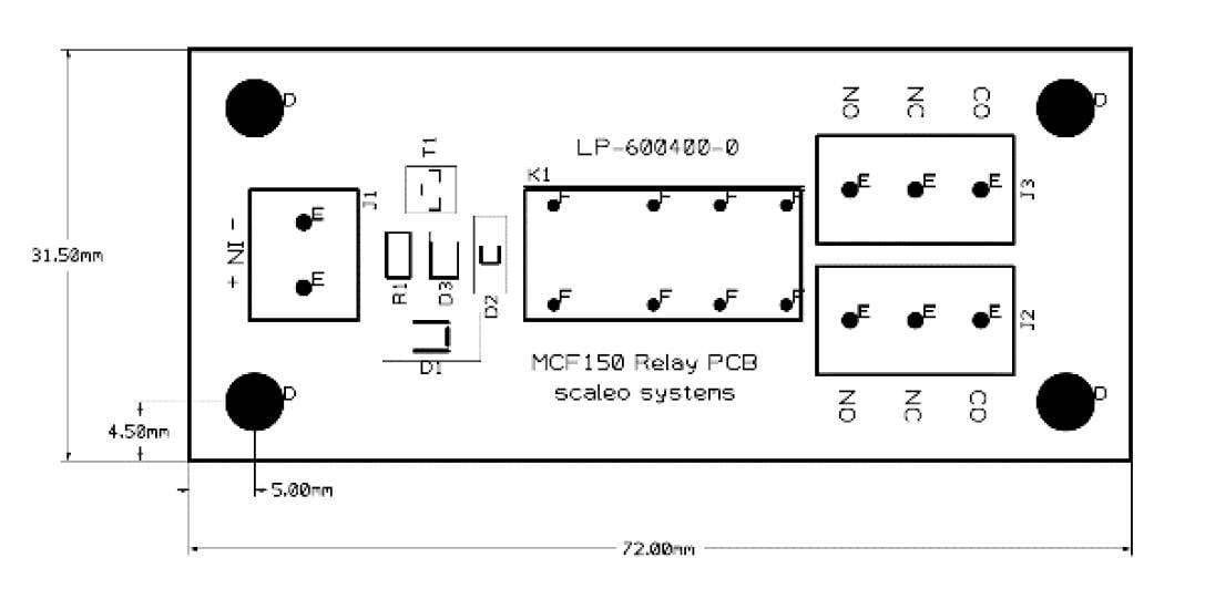 'MCF150 Relais PCB'-schakelschema. Toont aansluitingen, schakelaars en afmetingen van het printplaat-ontwerp in millimeters.