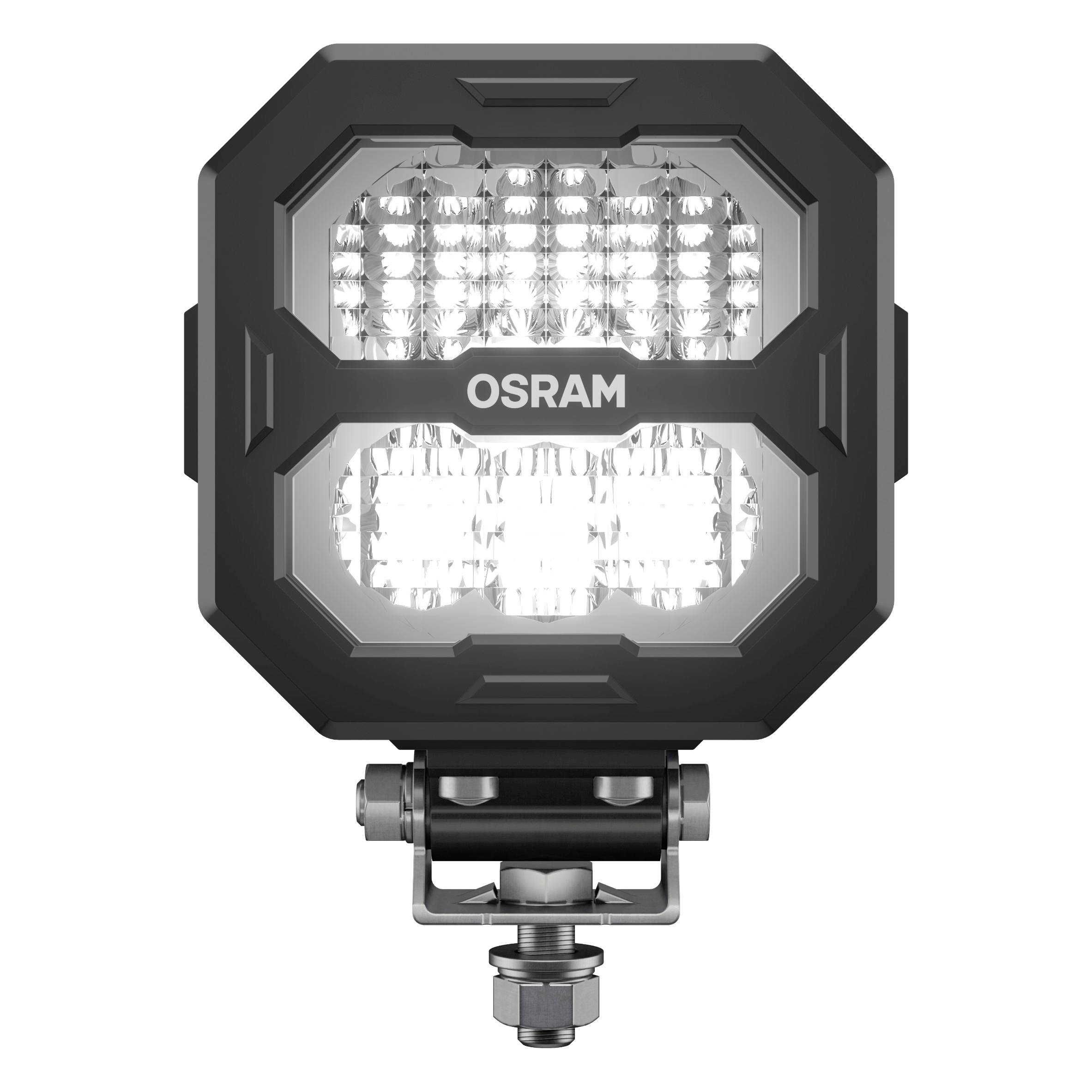Een rechthoekige, zwarte LED-werkspot van OSRAM met meerdere helder schijnende LED-lampen.