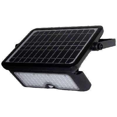 Zwart, rechthoekig zonnepaneel met LED-verlichting eronder, geschikt voor buitenverlichting.