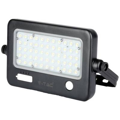 Zwarte LED-schijnwerper met rechthoekige behuizing en meerdere kleine, lichtgevende LED-lampen op witte achtergrond.