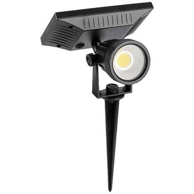 Zwarte LED-tuinspot met zonnepaneel en grondpen voor buitenverlichting.