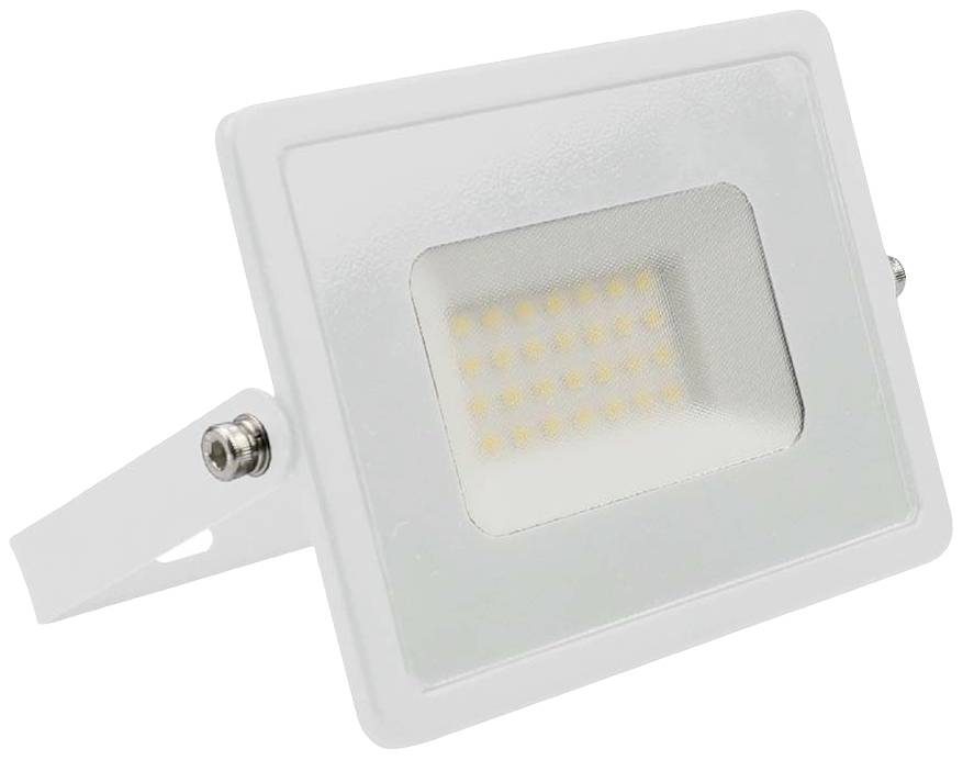 Witte LED-schijnwerper met rechthoekige behuizing en metalen beugel voor wandmontage. Schijnwerper bevat meerdere kleine, gele LED's.