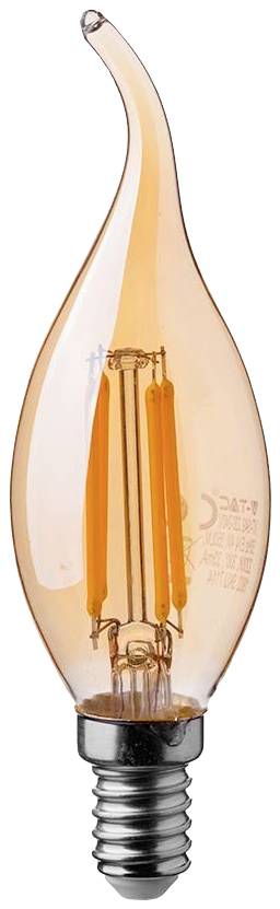 Een gloeilamp in de vorm van een vlam met oranje glas, die doet denken aan een kaars.