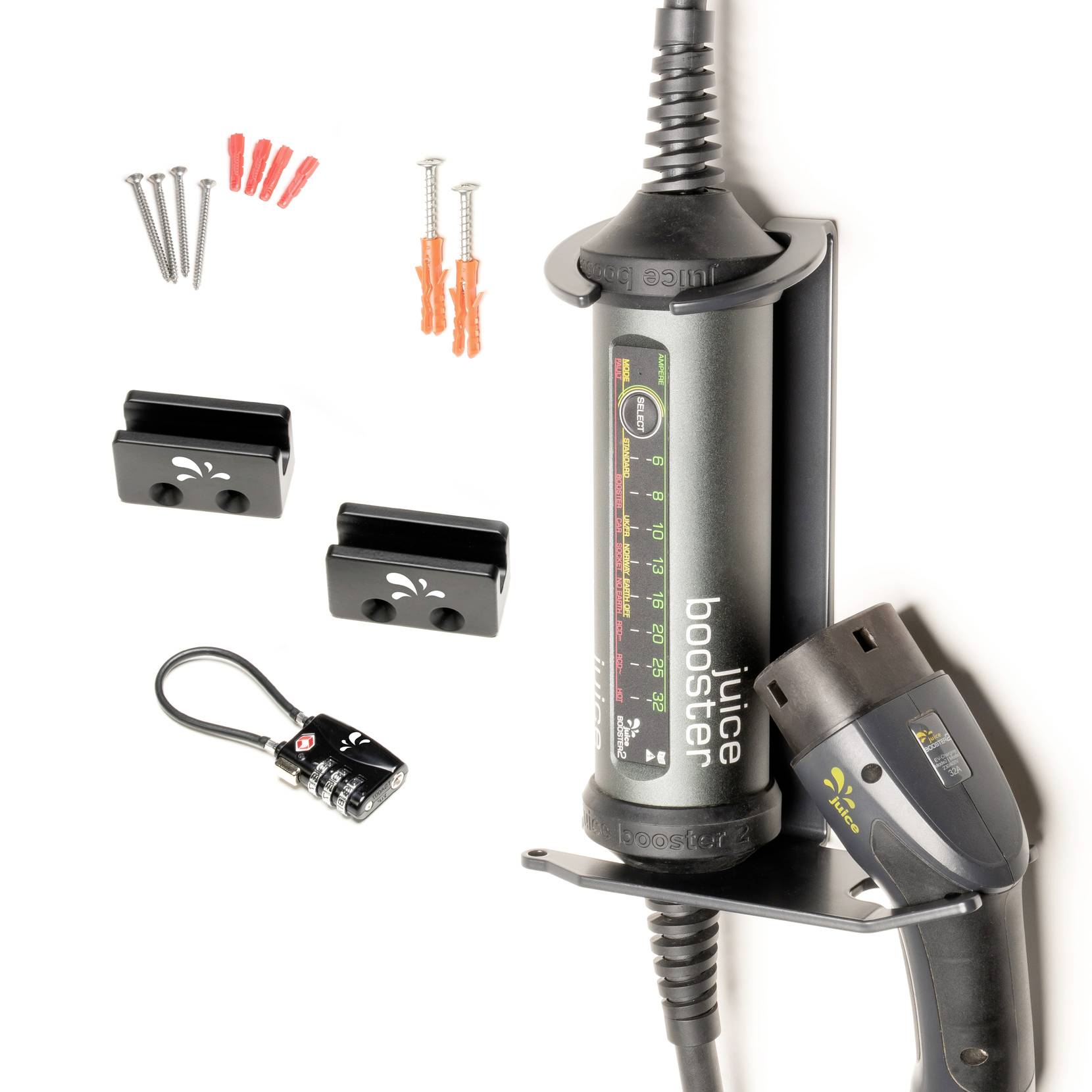 'E-laadstation met toebehoren: oplader, schroeven, pluggen, wandsteunen en hangslot.'