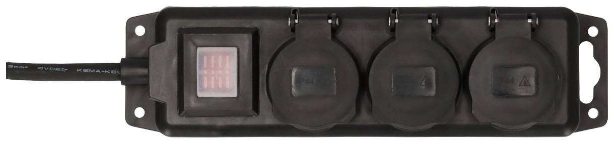 Zwarte stroomverdeler met drie stopcontacten en een rode lichtschakelaar, geschikt voor binnenshuis.