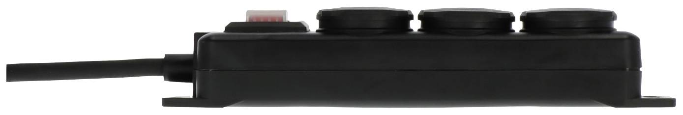 Zwarte stekkerdoos met drie aansluitingen en een schakelaar, zijaanzicht.