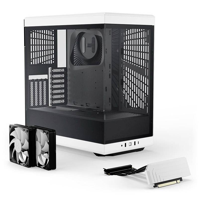 Een wit, open computerbehuizing met twee ventilatoren en accessoireonderdelen staat ernaast opgesteld. Geschikt voor PC-assemblage.